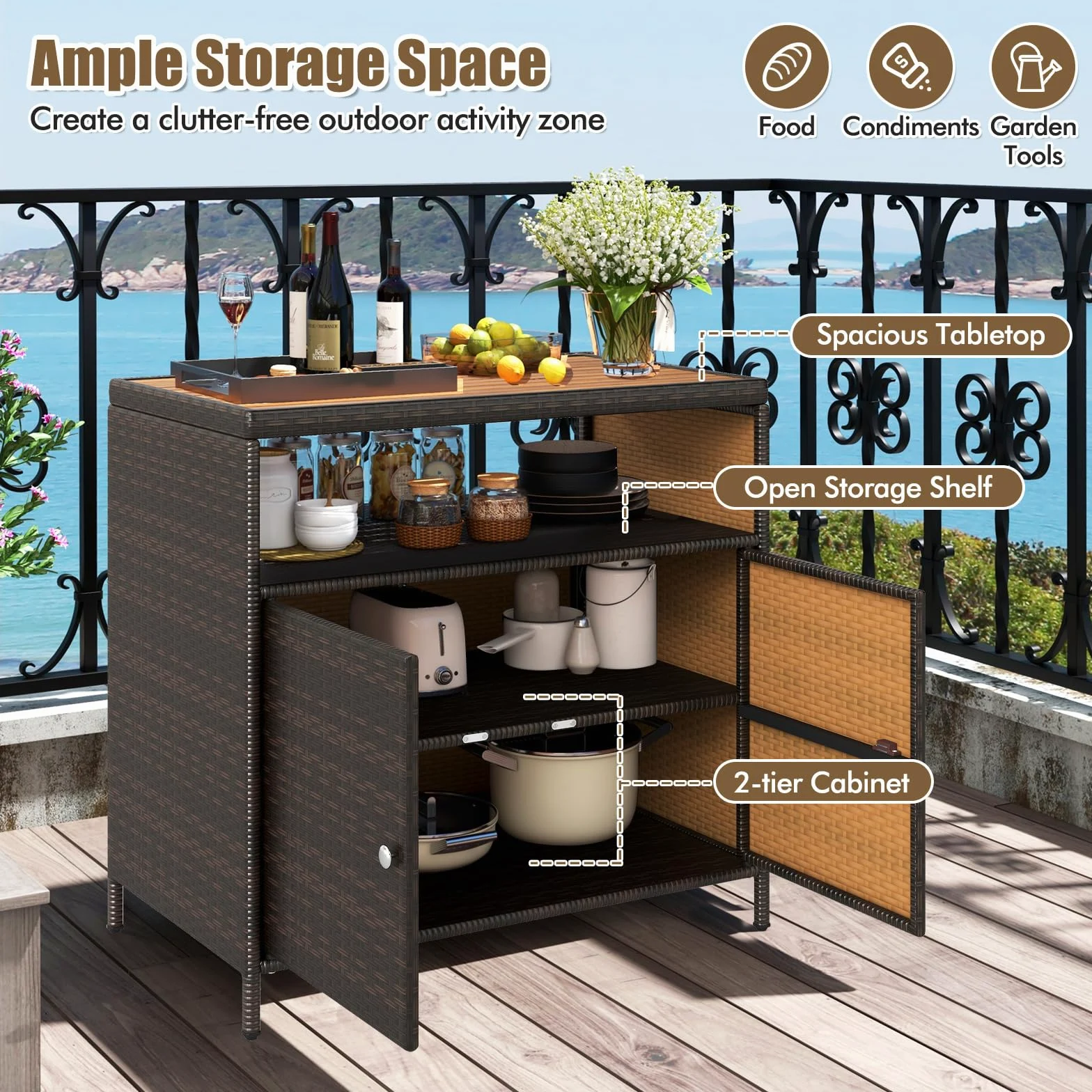 LIFEZEAL Credenza Cucina, in Rattan PE, Mobile Cucina, con Superficie Ampia in Legno di Acacia, Credenza Soggiorno, con Rapiano Aperto e 2 Ante, 90x53x86 cm, per Giardino Terrazza e Patio (marrone)