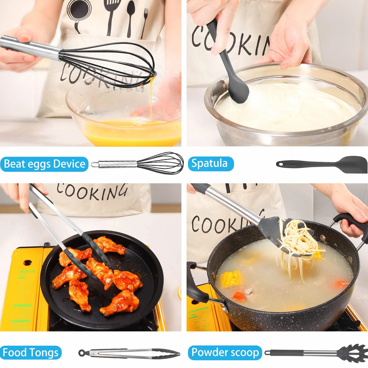 Set di Utensili da Cucina in Silicone, 44pcs Con 20 Ami, 5 Cucchiai Dosatori Piccoli, Resistente al Calore Antiaderenti Con Ganci - Grigio Scuro