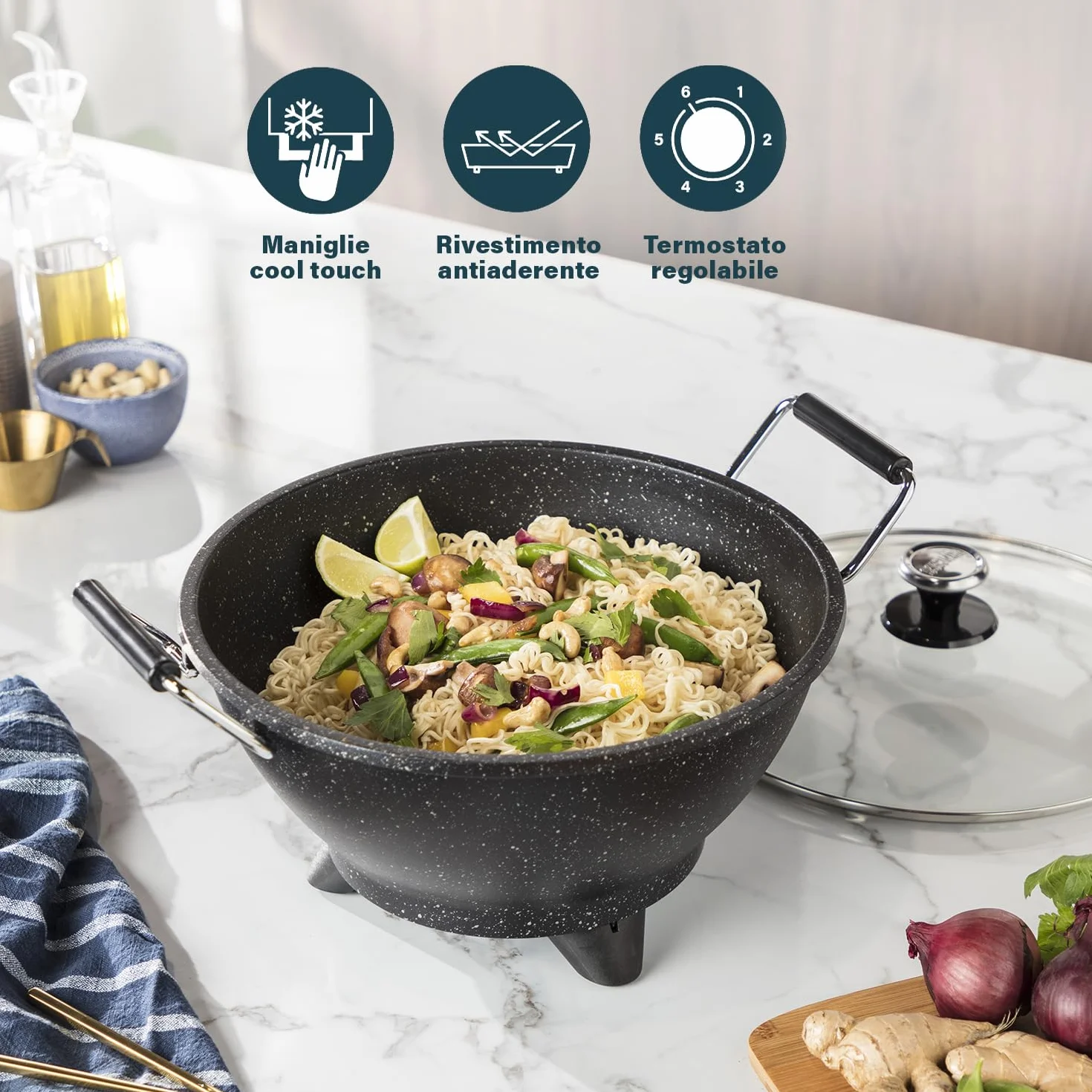Princess Wok Elettrico Stir-Fry 1400W 7L 30cm Ghisa Nero