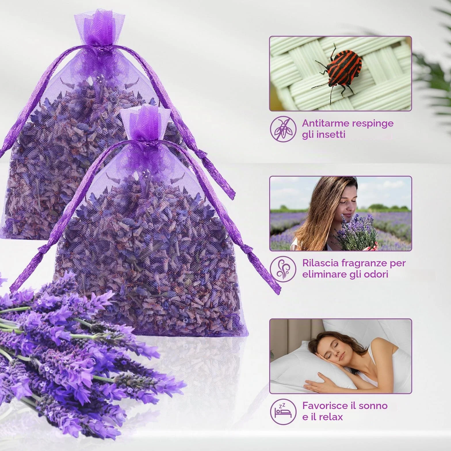Zanfqvo 20 Sacchetti Profumati Lavanda - Lavanda Vera Essiccata per Armadi e Guardaroba - Protezione Antitarme - Profumatori per Cassetti e Ambient