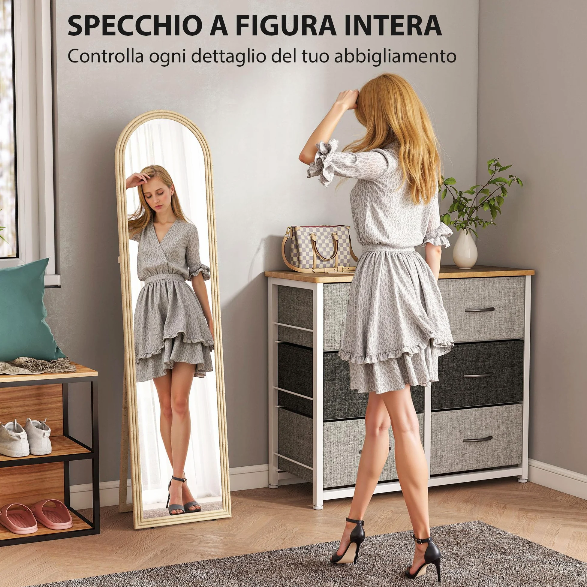 HOMCOM Specchio da Terra Moderno a Figura Intera, 40x160 cm Specchio da Parete e Autoportante ad Arco con Cavalletto Effetto Pietra, per Camera da Letto, Soggiorno e Ingresso, Beige