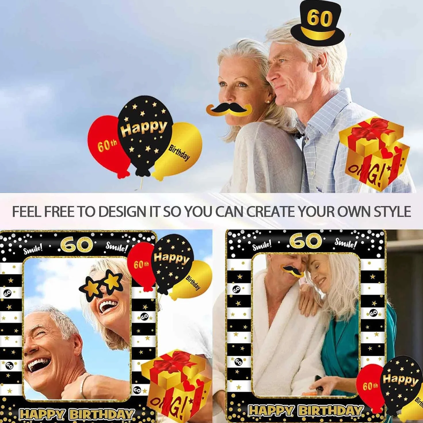 Photo Booth Compleanno Accessori 60 Anni Fai da Te Carta Foto Frame Baffi Occhiali Cappelli