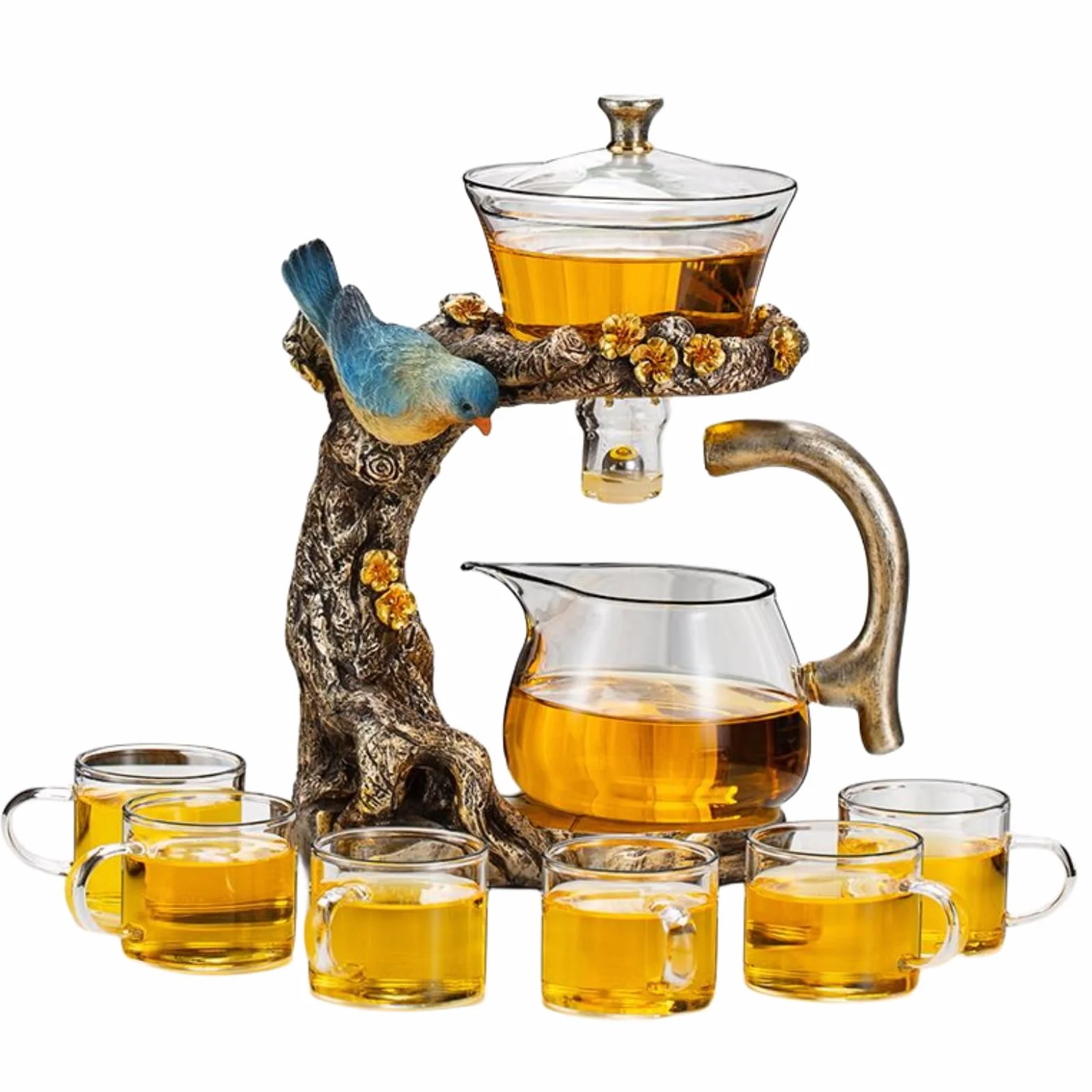 Set di teiera in vetro semi-automatica con infusore, design uccellino, ciotola rotante Lazy Kungfu
