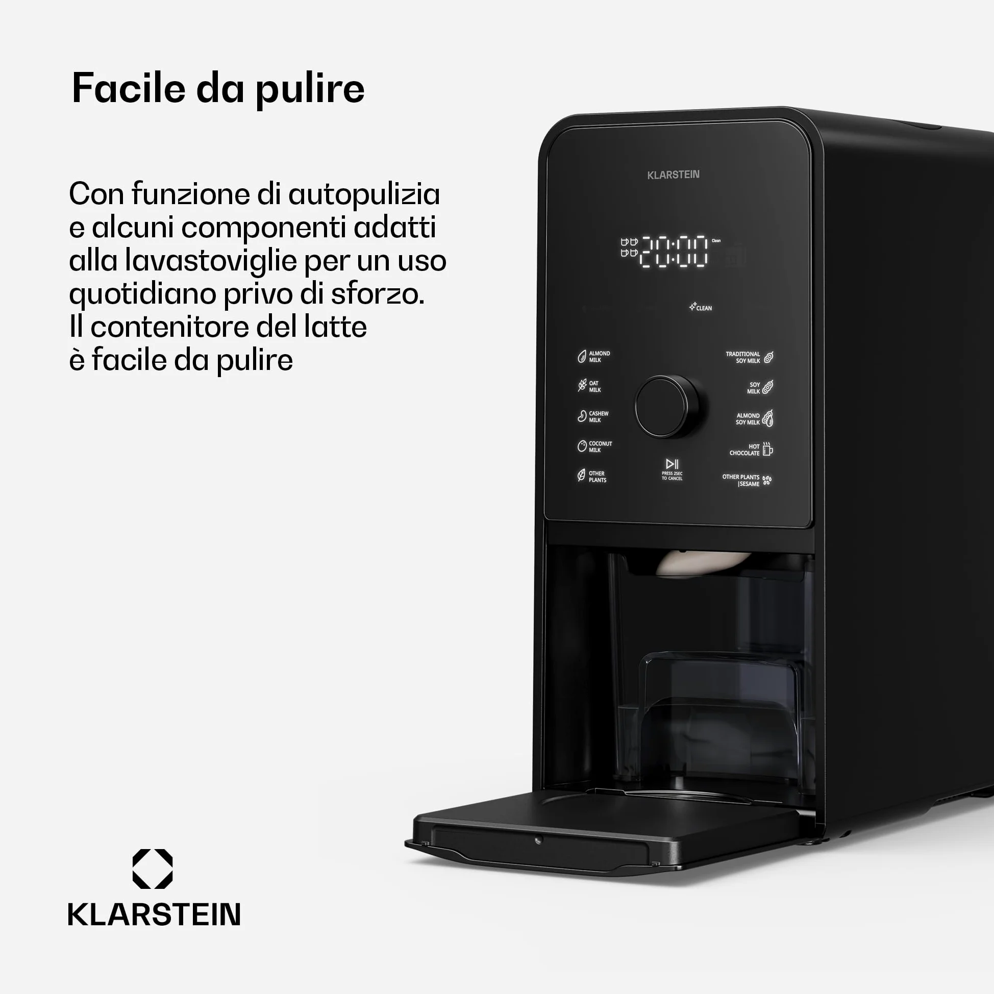 Klarstein Marcia Touch Macchina per il Latte Vegetale, 1200W, 12 Programmi, Autopulente, Display LCD, Brocca 1.2L Acciaio, per Latte di Mandorle, Avena & Noci