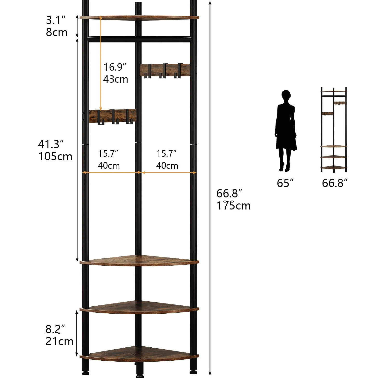 VEDECASA Appendiabiti ad albero ad angolo con ripiani a 4 livelli e panca per scarpe, autoportante, ad angolo, con 6 ganci mobili, organizer industriale in legno, marrone