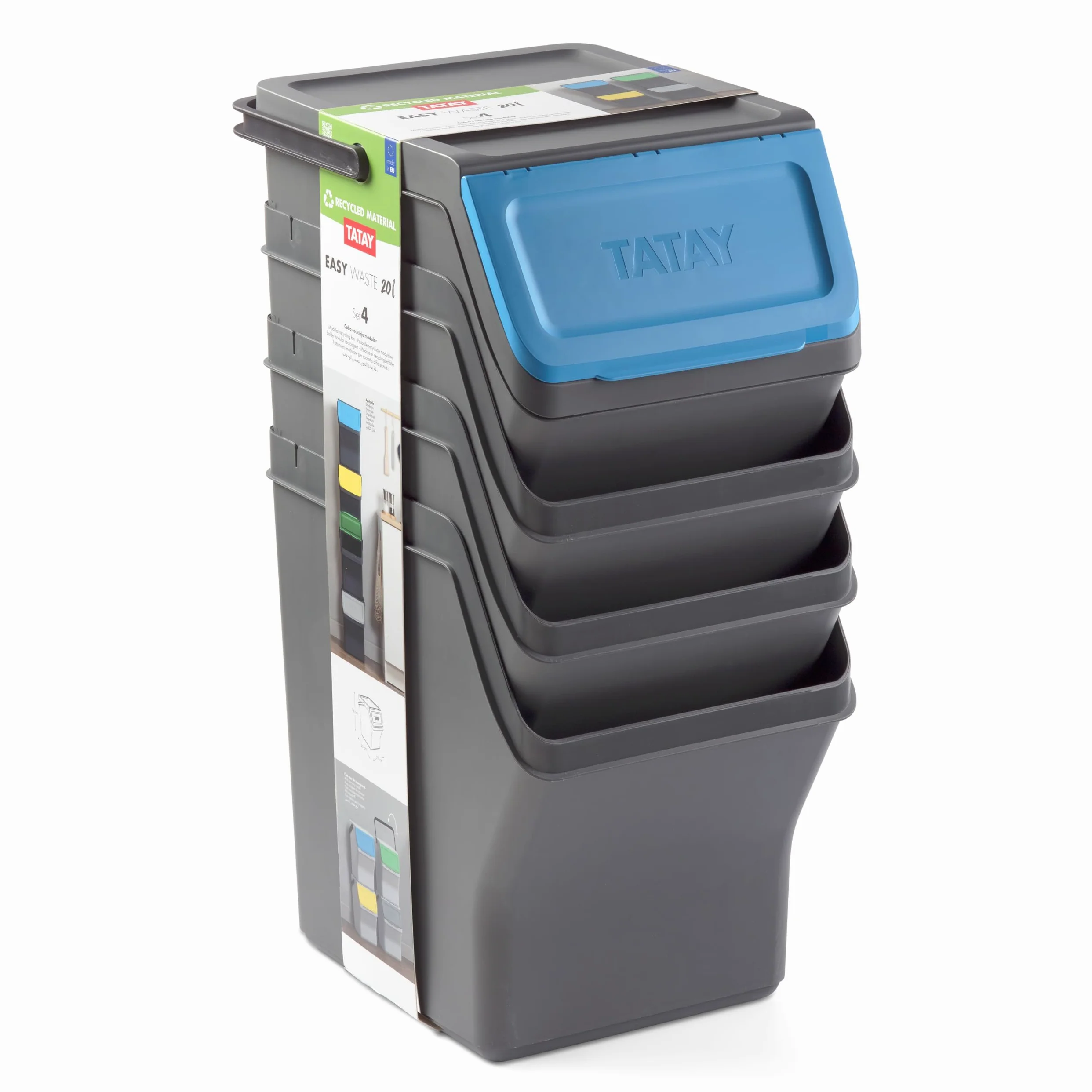 TATAY Contenitori Differenziata Easy Waste 20L | Set da 4 | Design Modulabile e Impilabile | Coperchio con Sistema Click | Manico Integrato per il Trasporto | Materiale Riciclato | 35x27x36cm, Grigio
