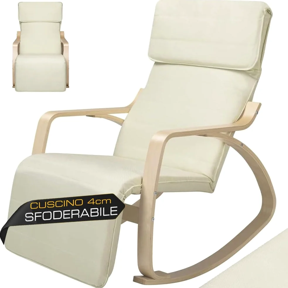 BAKAJI Sedia a Dondolo in Legno di Betulla con Rivestimento in Cotone Imbottito in Spugna Altissima Densità, Oscillante Relax con Poggiapiedi Regolabile e Cuscino, (Beige)
