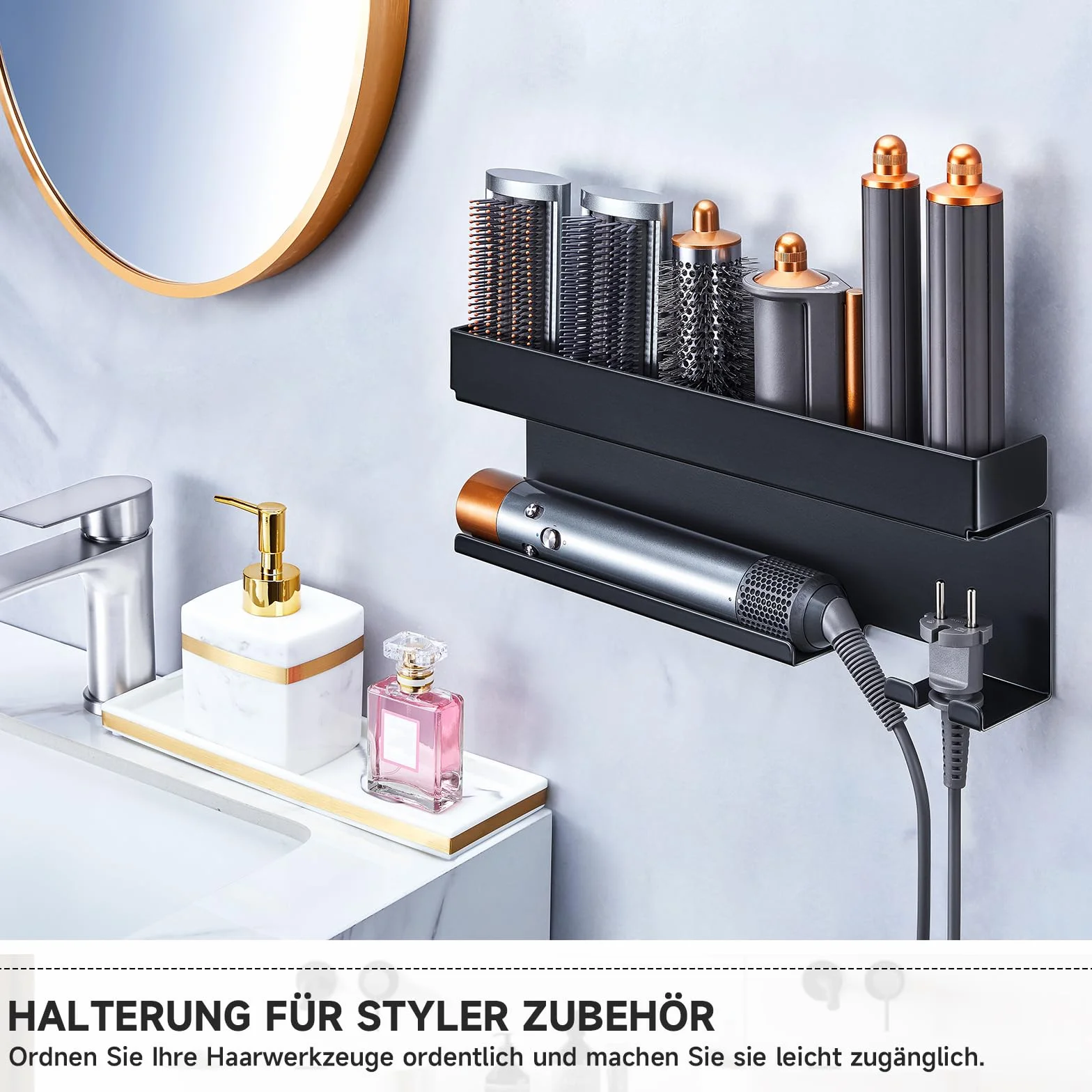 YYBO Supporto Asciugacapelli da Parete, Porta Phon da Muro Adesivo per Asciugacapelli Accessori Styler Curling Device, Porta Phon e Piastra per Camera da Letto, Bagno (Nero)