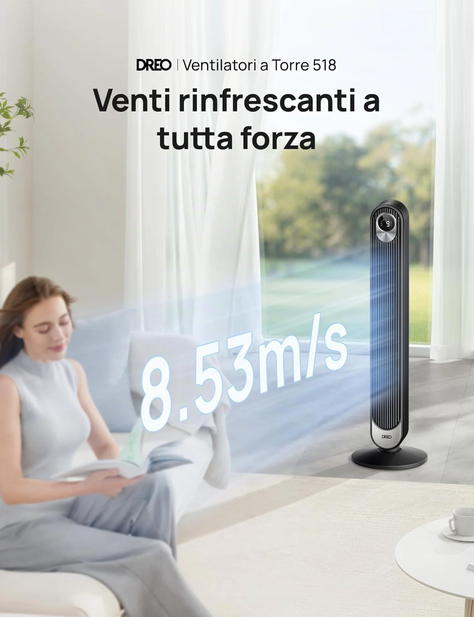 DREO Ventilatore a Torre 106cm, Potente 8.53 m/s, Ventilatori a Colonna Silenzioso con Telecomando, 9 Velocità, 4 Modalità, Oscillazione a 90°, Timer da 12H, per Camera da Letto, Stanze Grandi