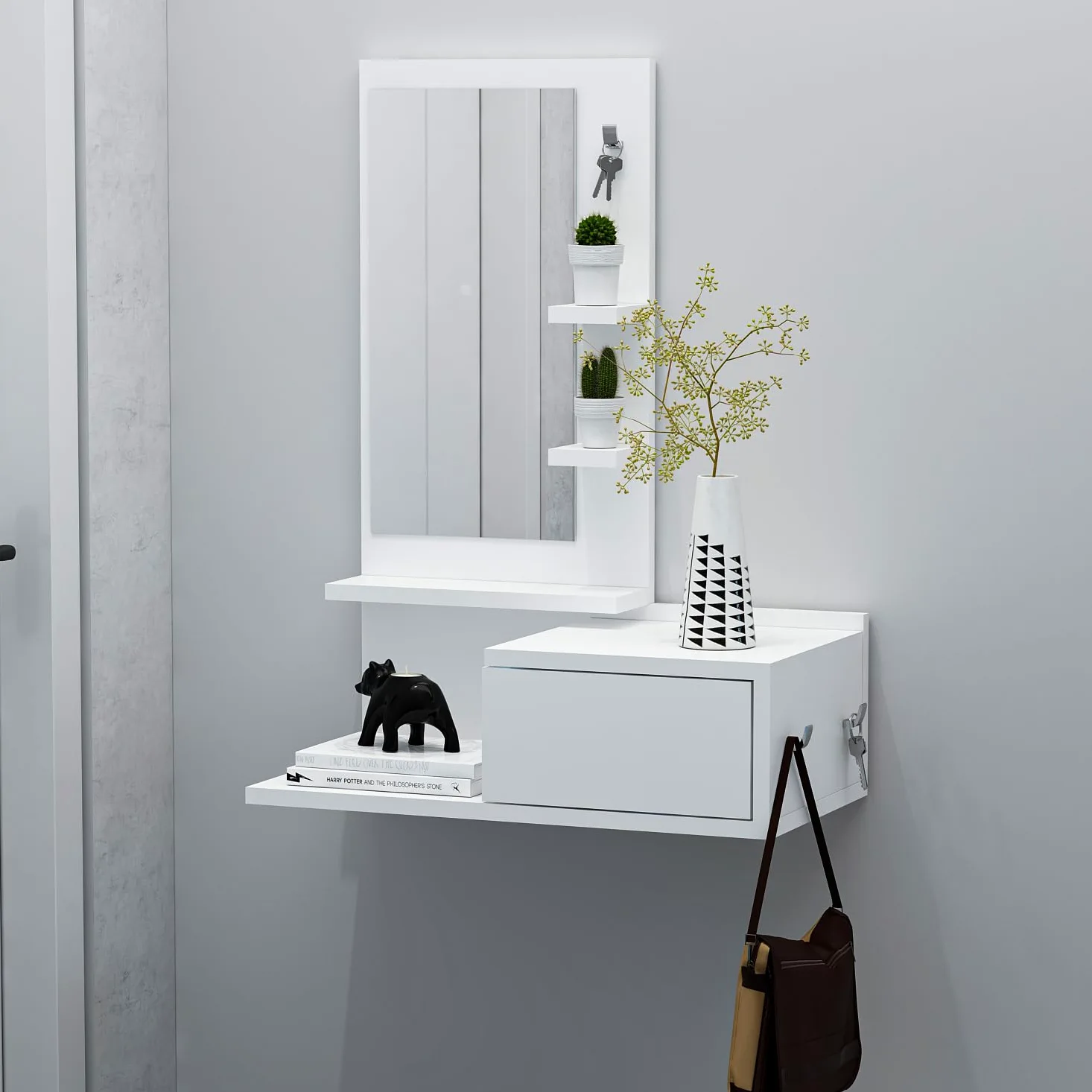 HOMIDEA ENKI Mobile sospeso per corridoio - Armadio con specchio - Armadio a parete per ingresso con cassetto, specchio e ripiano dal design moderno (bianco/bianco)