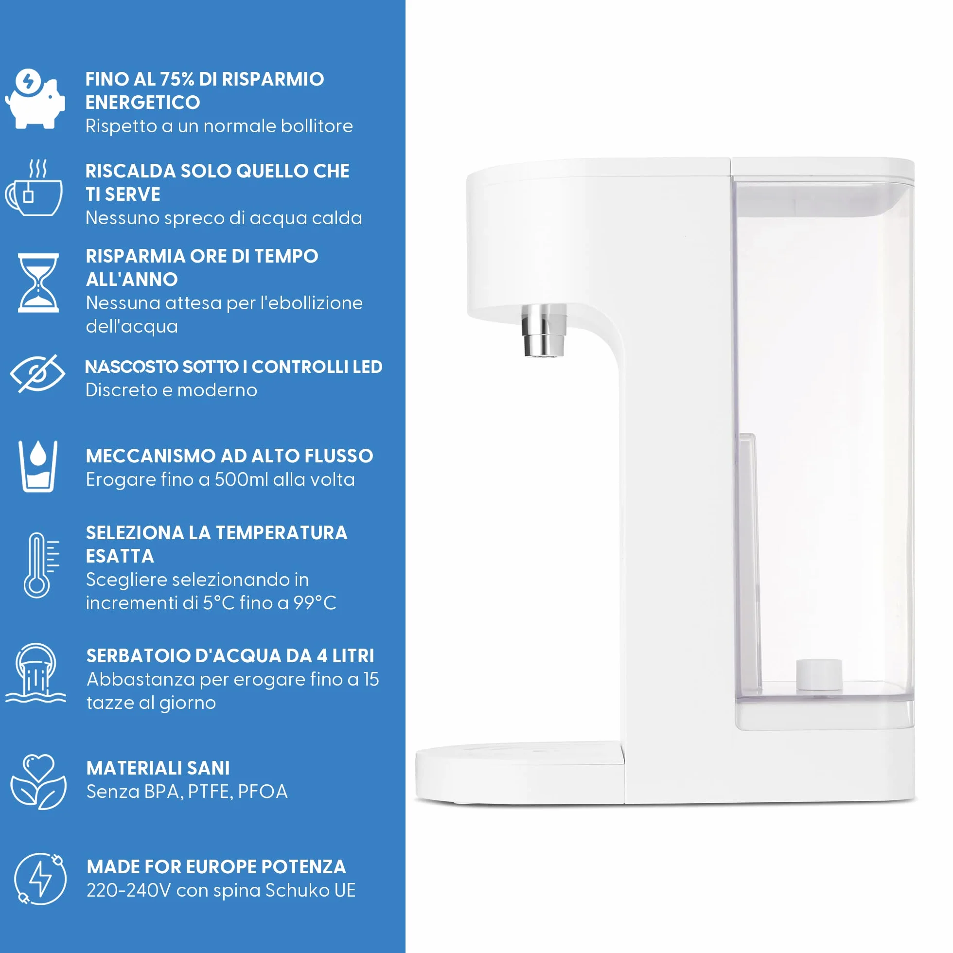 Yum Asia Oyu Dispenser digitale istantaneo di acqua calda con display touch LED "Hidden Under" bianco, capacità 4 litri, Ecoboil, tecnologia InstaHEAT, 220-240V, alimentazione EU