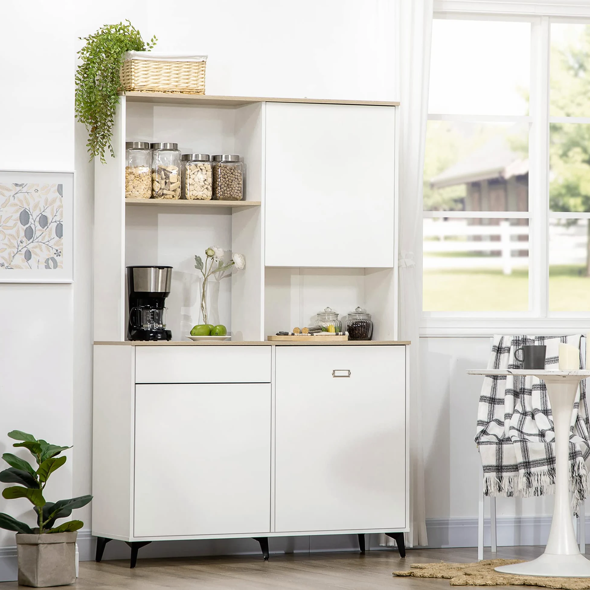 HOMCOM Dispensa Cucina in Truciolato e MDF con Ripiani Aperti, Armadietti e Cassetto per Utensili ed Elettrodomestici, 119x41x180 cm, Bianco