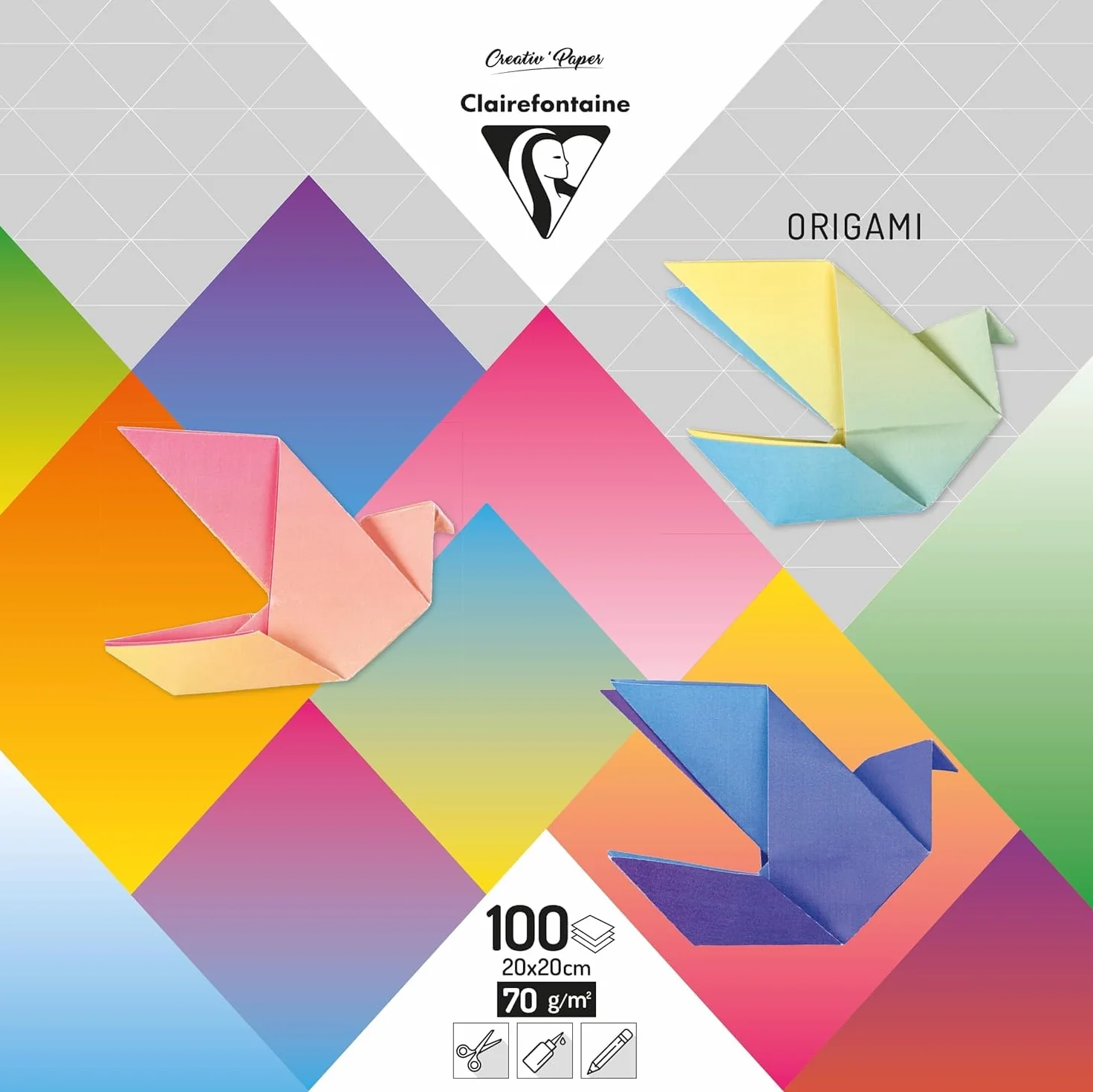 Clairefontaine 95011C Carta Origami 20x20cm 70g/m² Confezione 100 fogli 10 colori