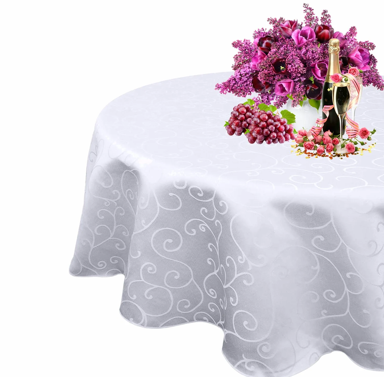 WedDecor 10 tovaglie rotonde damascate con motivo a spirale con rami, in poliestere e lino, tovaglia da pranzo per ristorante, 330 cm, bianco