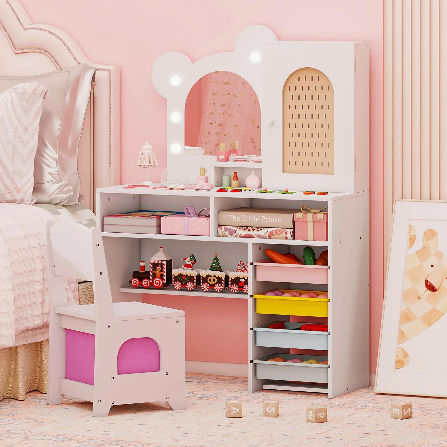 LIFEZEAL Specchiera Trucco per Bambina 3+Anni, con Luci, Sgabello, Sedia, Forma di Orsetto, Toeletta Tavolo, Postazione Makeup, con Armadio, Scomparti, Scatole, Cassetto, Accessori, Cameretta, Bianco