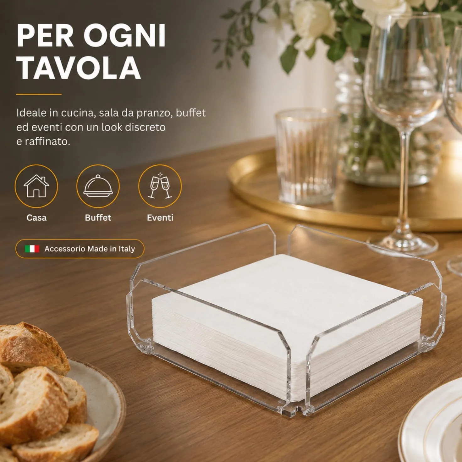 Agplex Portatovaglioli in vetro acrilico trasparente 20,5x 20,5 x5,8 cm, Porta tovaglioli da tavola design moderno - Made in Italy