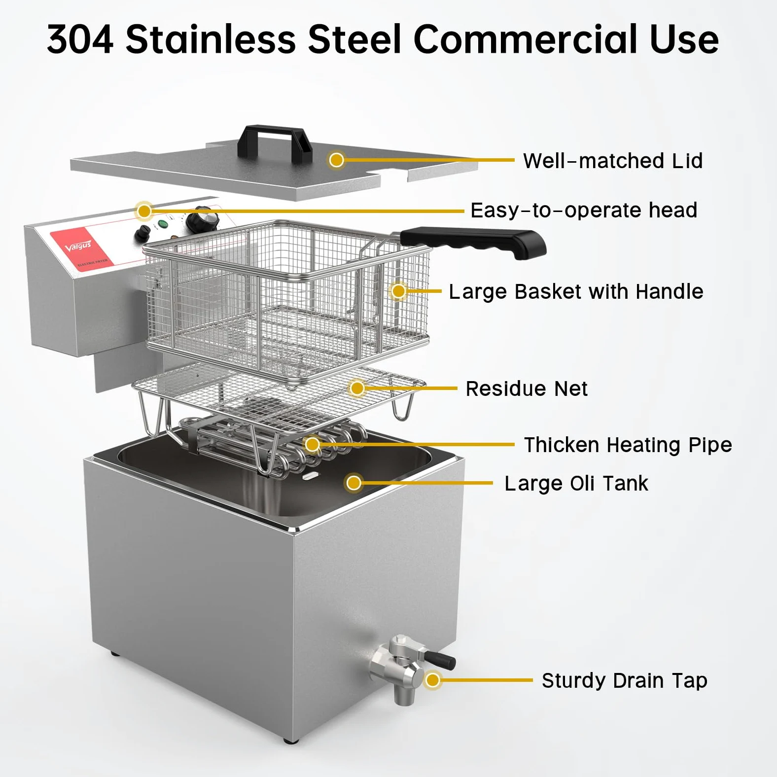 Valgus Friggitrice Elettrica Professionale in acciaio inox 3300W 16L Friggitrice da banco di grande capacità con cestello e coperchio, sistema di drenaggio