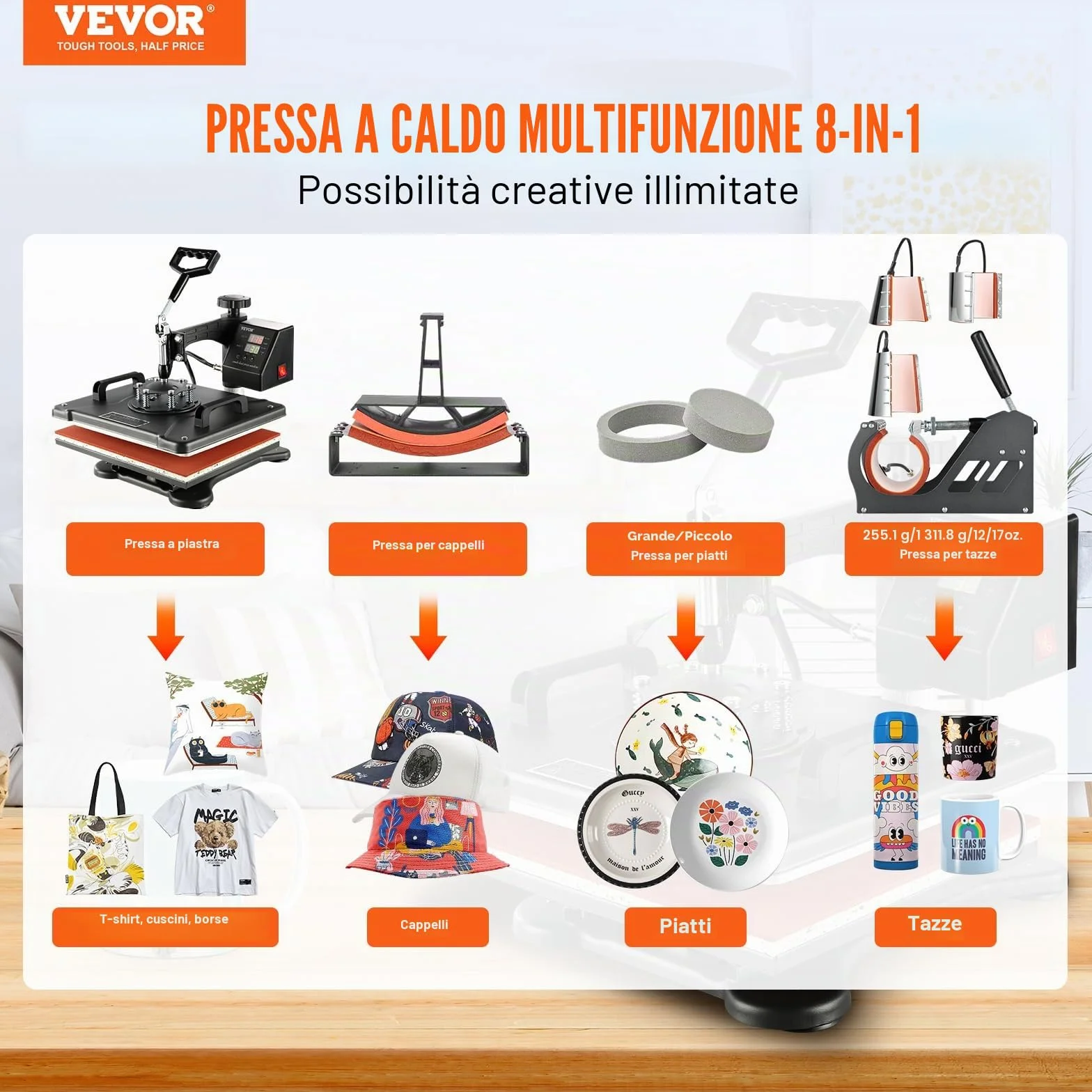 VEVOR Pressa di Calore 8 in 1 38x30 cm Macchina Stampa Calore LED Nero per Cappelli Tazze Piatti