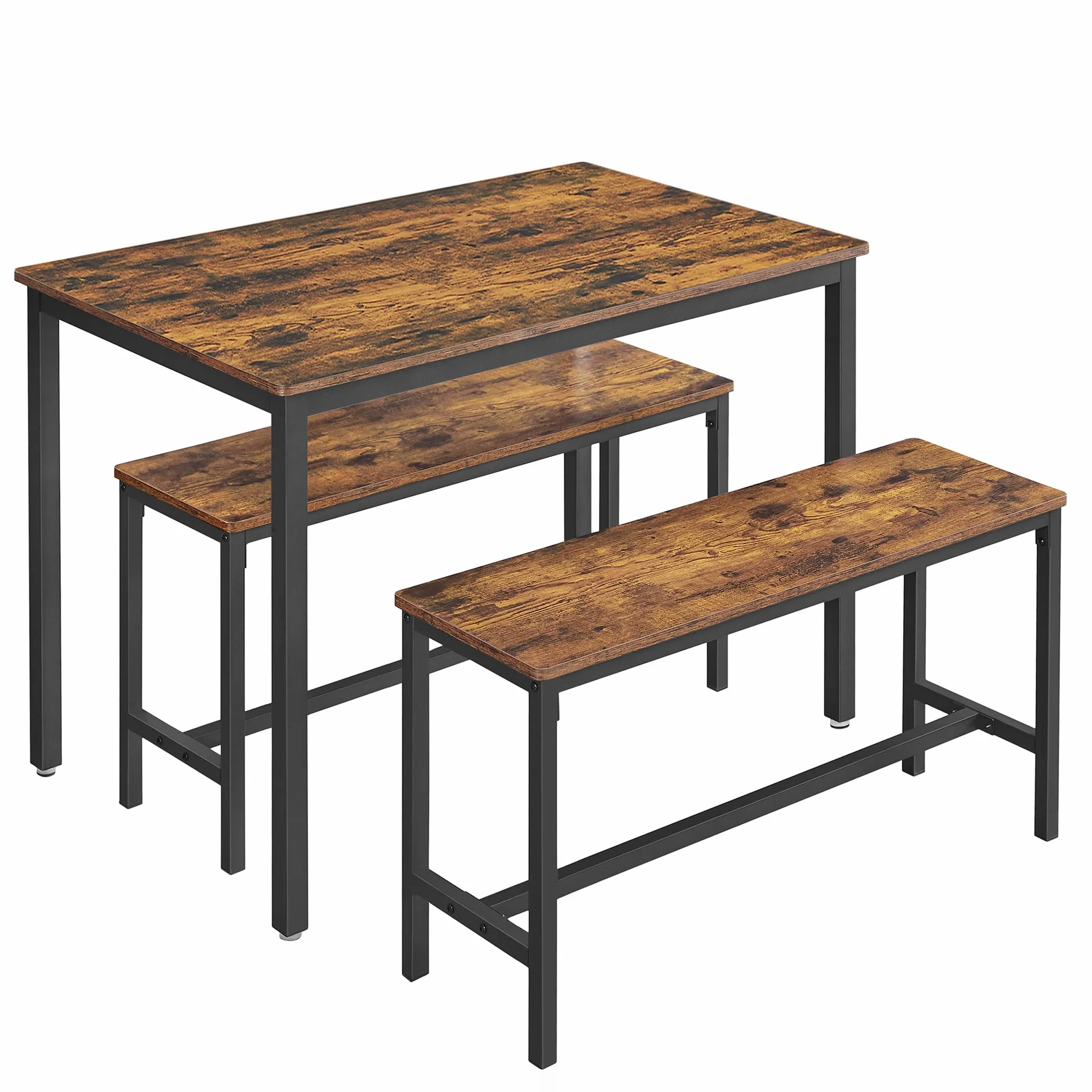 VASAGLE Tavolino da Pranzo con 2 Panche, Set di 3 Pezzi, Tavolo da Cucina 70 x 110 x 75 cm, 2 Panche 30 x 97 x 50 cm, Struttura in Acciaio, Marrone Vintage e Nero KDT070B01