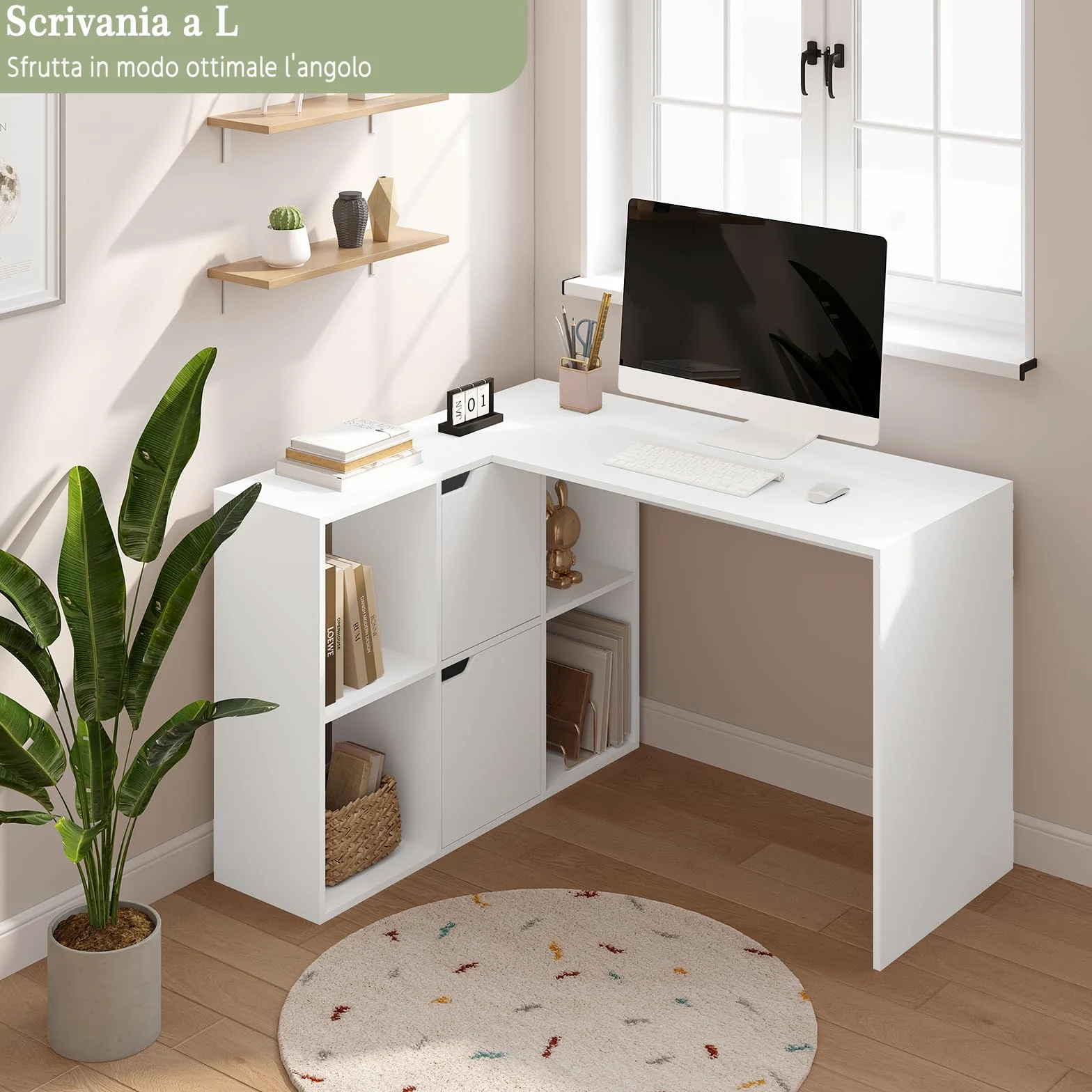 eSituro Scrivania Angolare a L con Libreria, 120 x 100 cm, Bianca | 4 Scomparti Libreria, 2 Armadi, Doppio Piano, per Computer e Studio
