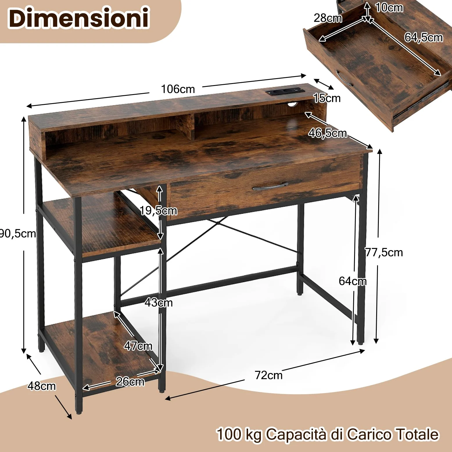 COSTWAY Scrivania Salvasapzio per Computer con Stazione di Ricarica 106 x 48 cm, Mensola sopra Tavolo, Cassetto e Libreria Laterale a 2 Ripiani, Tavolo Industriale per Ufficio e Casa (Marrone Rustico)