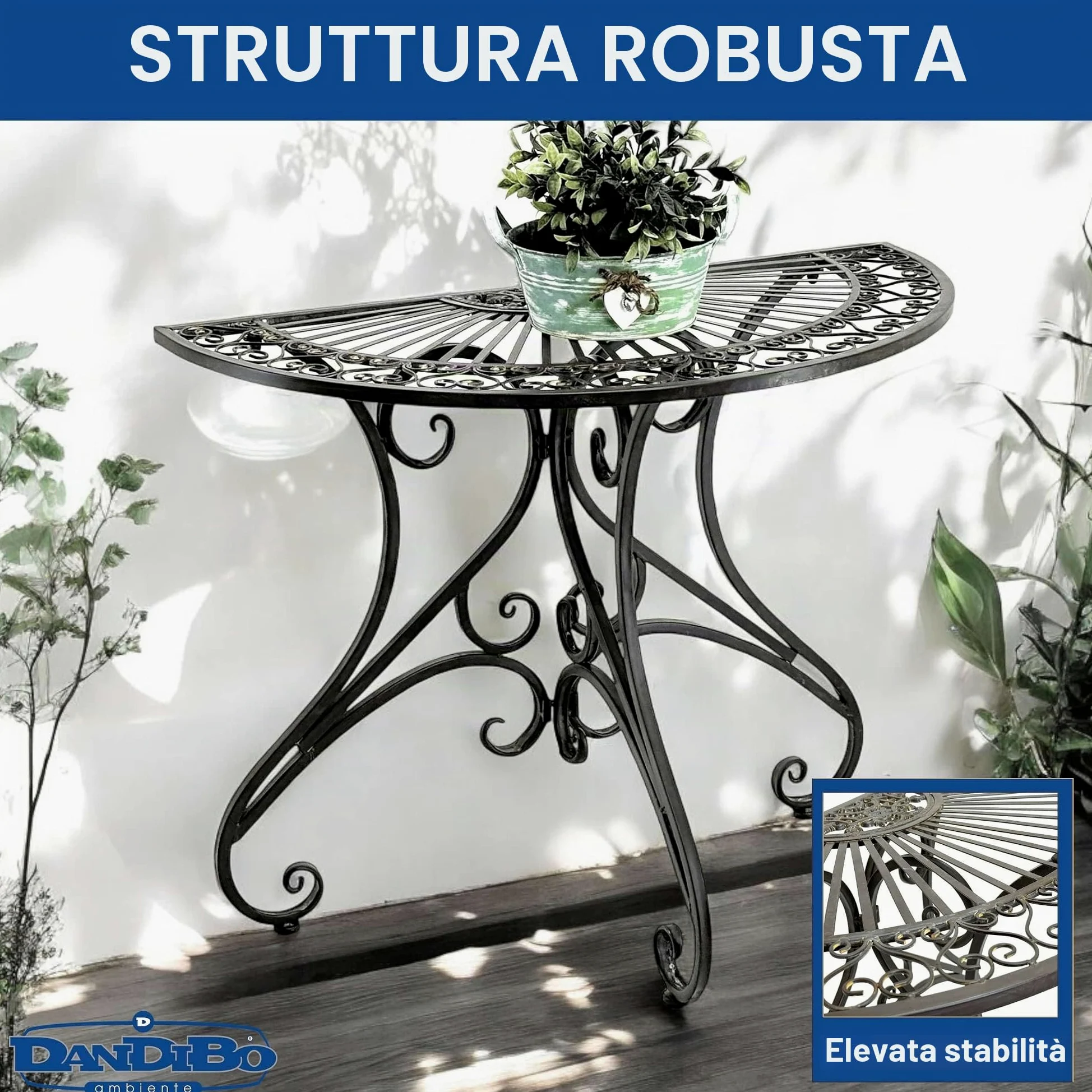 DanDiBo Vigo 19511 - Tavolino da parete semicircolare, in metallo, 90 cm, stile vintage anticato