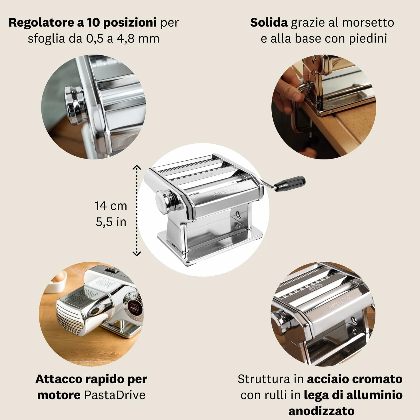 Marcato Ampia 150 AM-150-CLS Macchina per Pasta Manuale Acciaio Cromato Argento