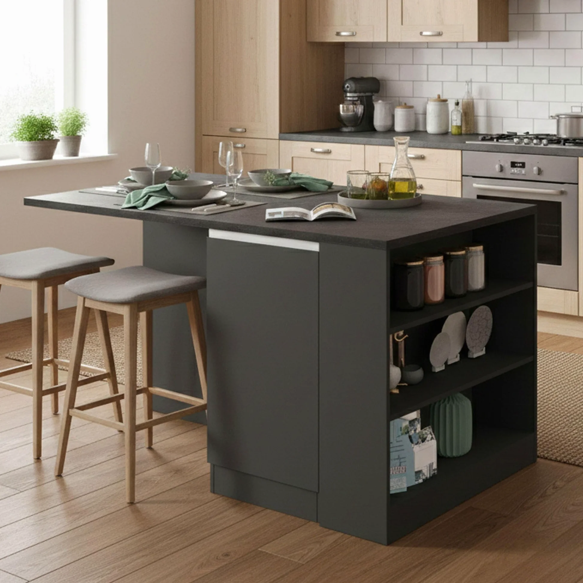 Dmora - Isola da cucina Osvaldo, Armadio multiuso, Mobile per cucinotto, Tavolo ausiliario, 100% Made in Italy, 160x90h90 cm, Antracite e Ardesia