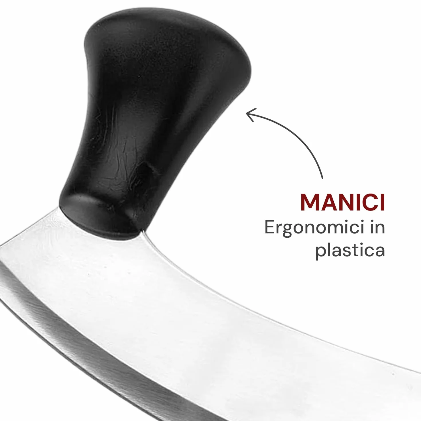 Wintem Mezza luna Acciaio Inox con Manici Ergonomici 25 cm - Lama Curva Consente di Ottenere Trito Omogeneo e Movimento Fluido - Facile da Pulire in Lavastoviglie e non - Presa Sicura e Confortevole
