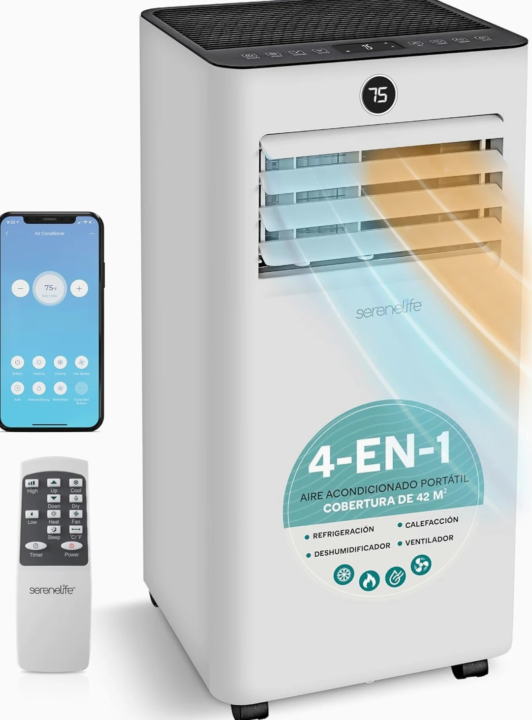 SereneLife Climatizzatore mobile e riscaldamento 7000 BTU, compatto con raffreddamento, funzione Wi-Fi, deumidificatore e kit di installazione per finestra