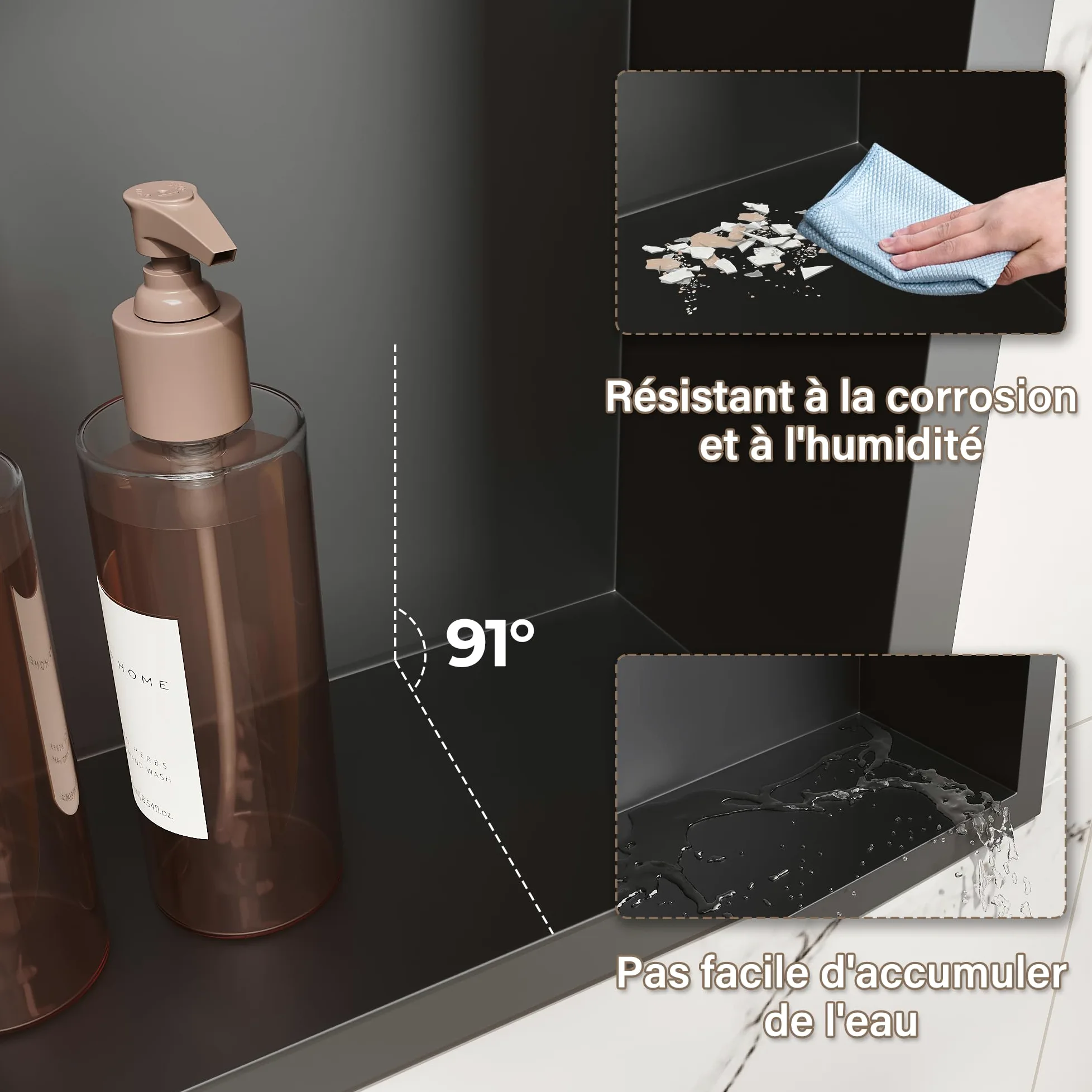 SIRHONA Nicchia da bagno, cuccia da doccia a incasso in acciaio inox, elementi di stoccaggio per la doccia in bagno, 90 x 30 cm, colore: Nero