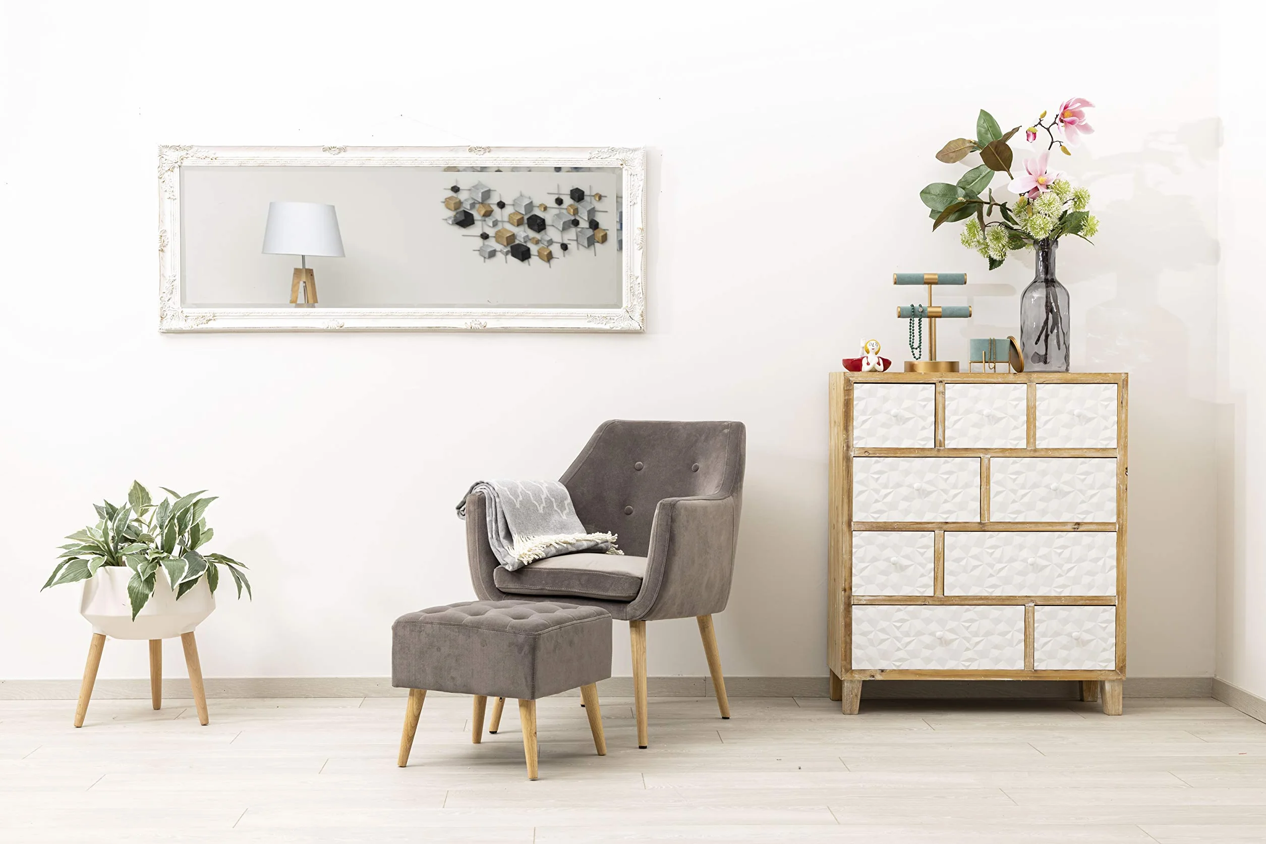 Baroni Home Specchio in Legno Bianco con Cornice Shabby, Specchiera da Parete Rettangolare per camera da letto, bagno o soggiorno, Specchio Shabby Bianco Anticato, 55x142 cm