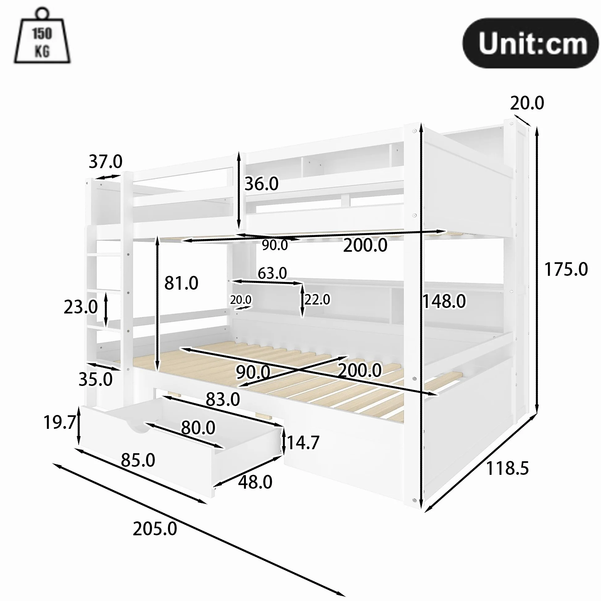 Moimhear Letto singolo, 90 x 200 cm, letti a castello, letti a castello, con cassetti, con vano portaoggetti (bianco)