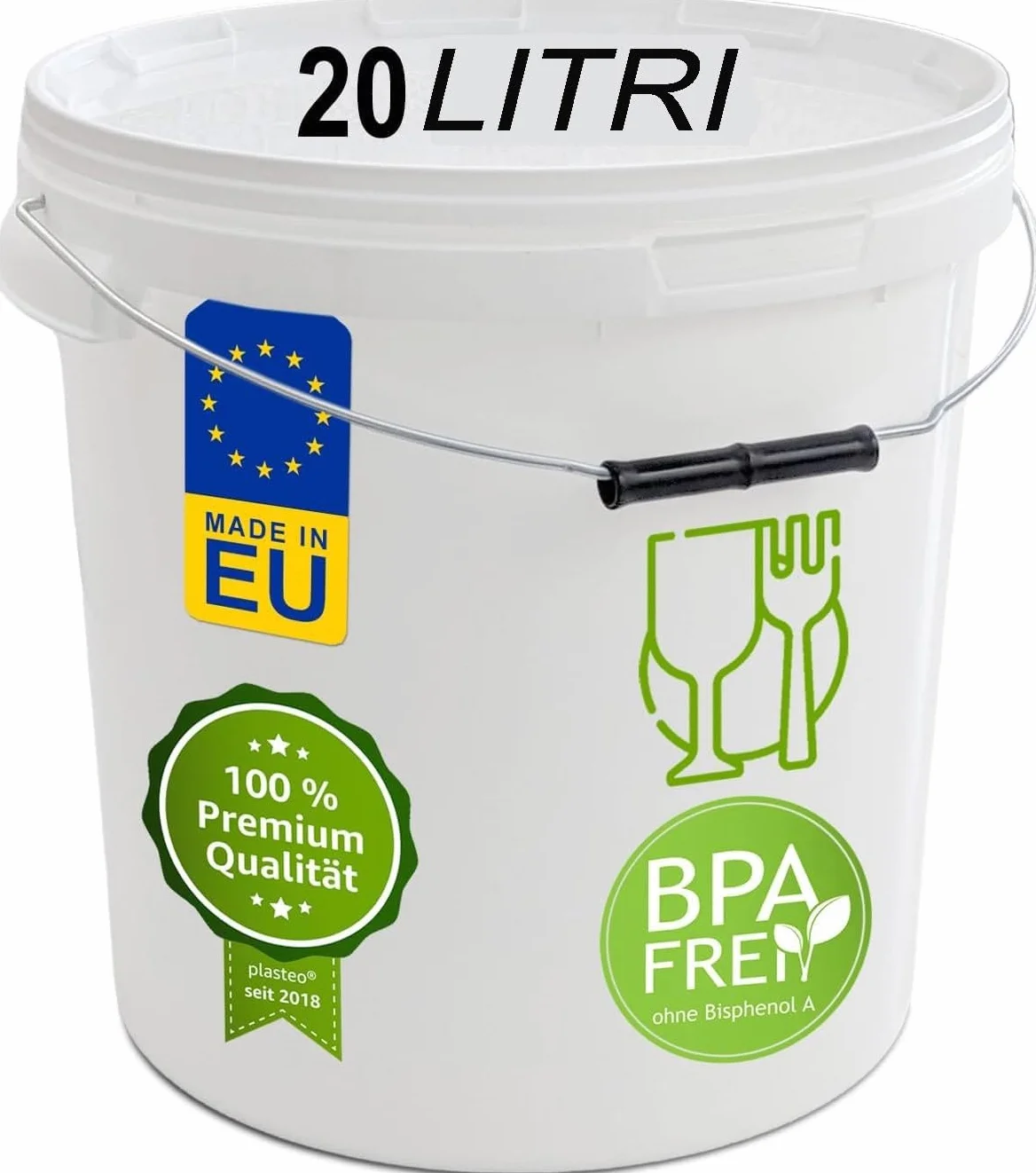 Secchio in plastica, 20 litri, bianco traffico, con coperchio per alimenti trasporto box manico in metallo latte milk