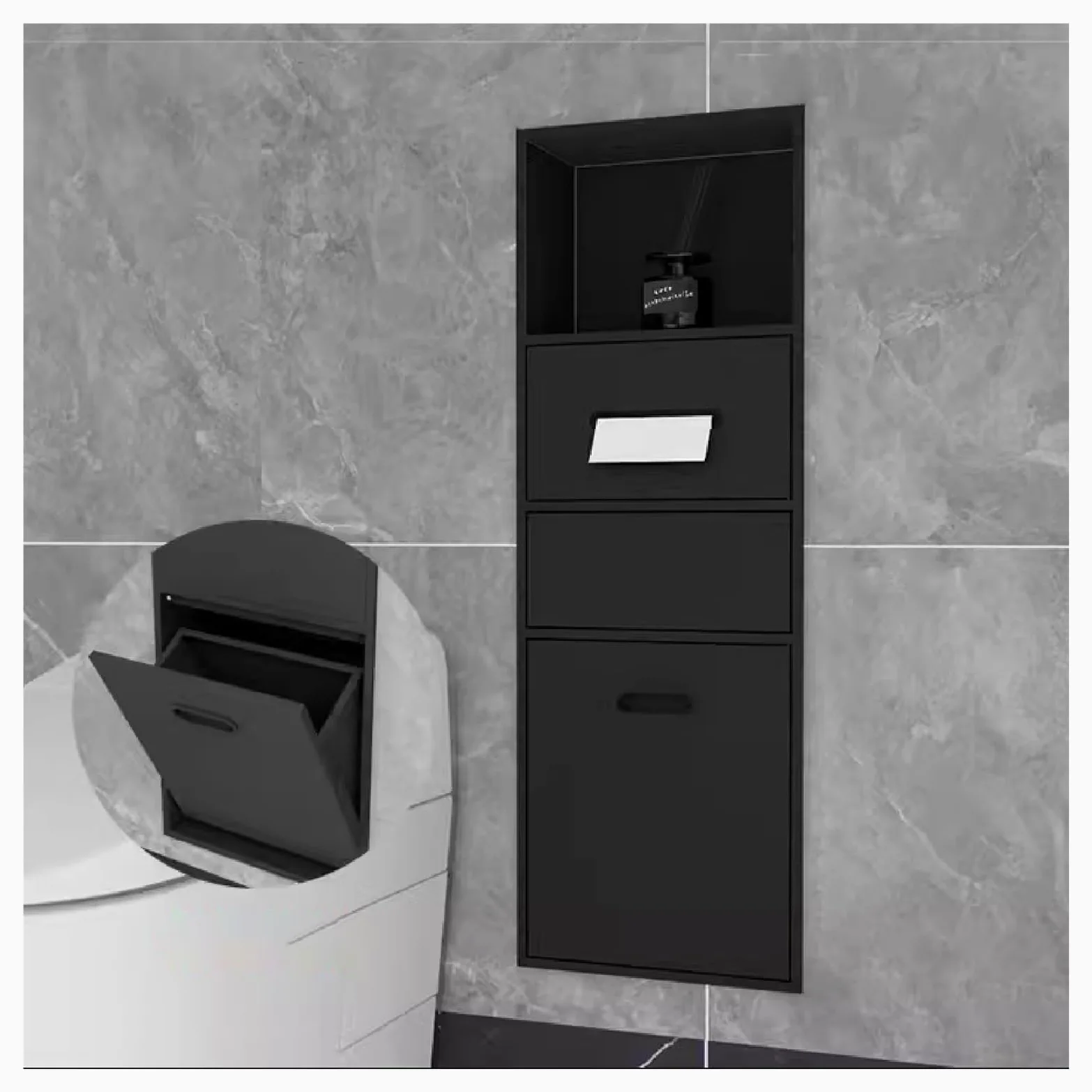 Doccia in acciaio inox – Porta carta igienica impermeabile e cestino da incasso per bagno – nize shampoo/articoli da toeletta – nero 86 x 30 x 14 cm