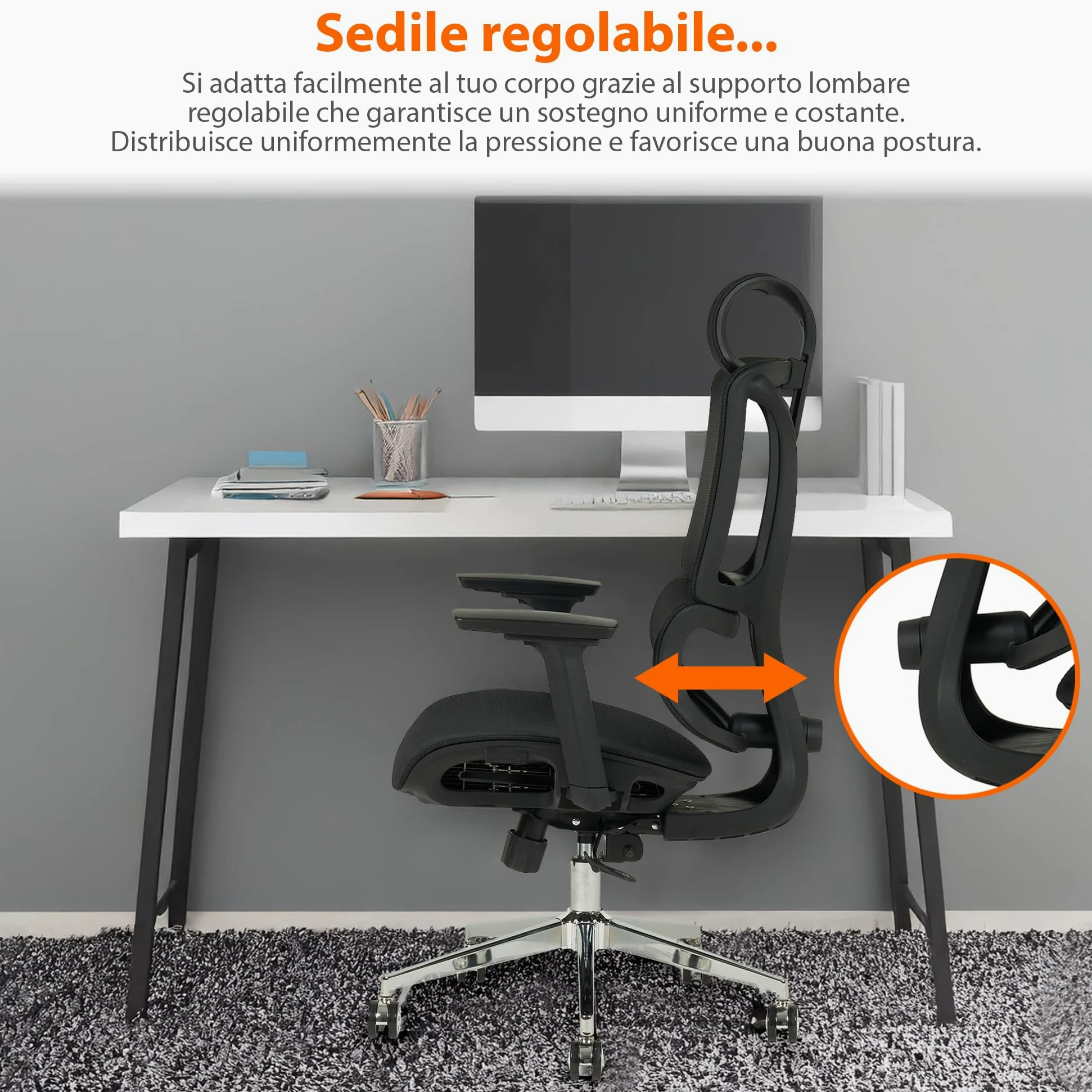 IlGruppone Sedia Ufficio Ergonomica Professionale Schienale Alto in Rete Gaming Poltrona Direzionale Altezza Regolabile Portata 150 kg con Supporto Lombare e Braccioli Regolabili - Nero