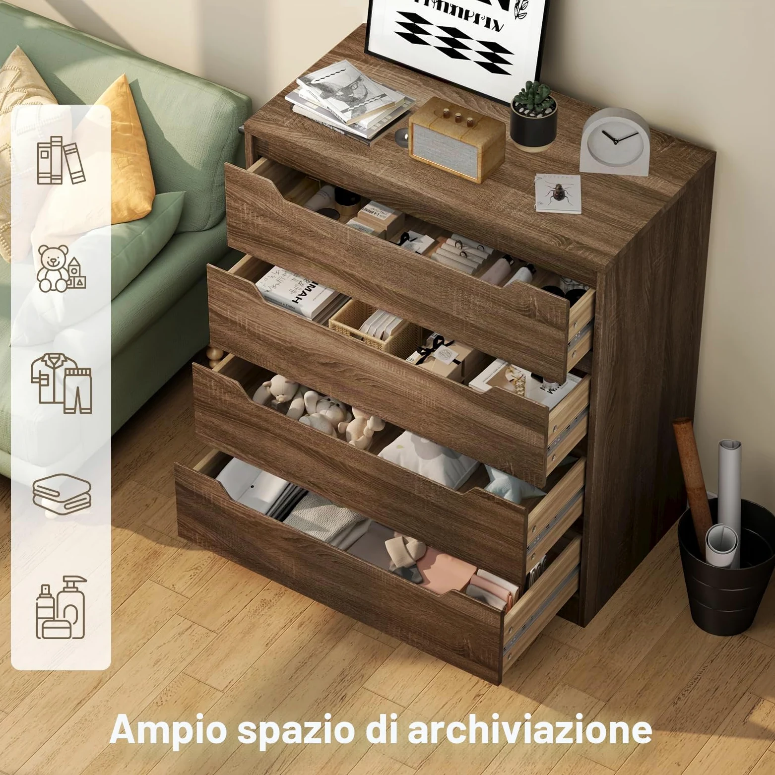 Bealife Cassettiera 4 Cassetti, Comò Camera da Letto, Mobile Contenitore per Soggiorno, 82x41x71 cm, per Camera da Letto，Soggiorno, Cucina, Marrone chiaro