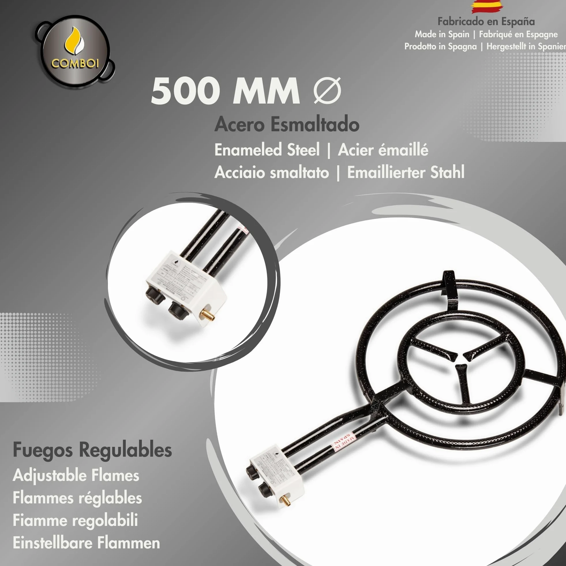 COMBOI Kit Bruciatore Paellero Gas Butano 50 cm Paellere Smaltate 60 cm + Regolatore di Gas Tubo Supporto Gambe Rinforzato Livello Grembiule Libro di Ricette Digitale