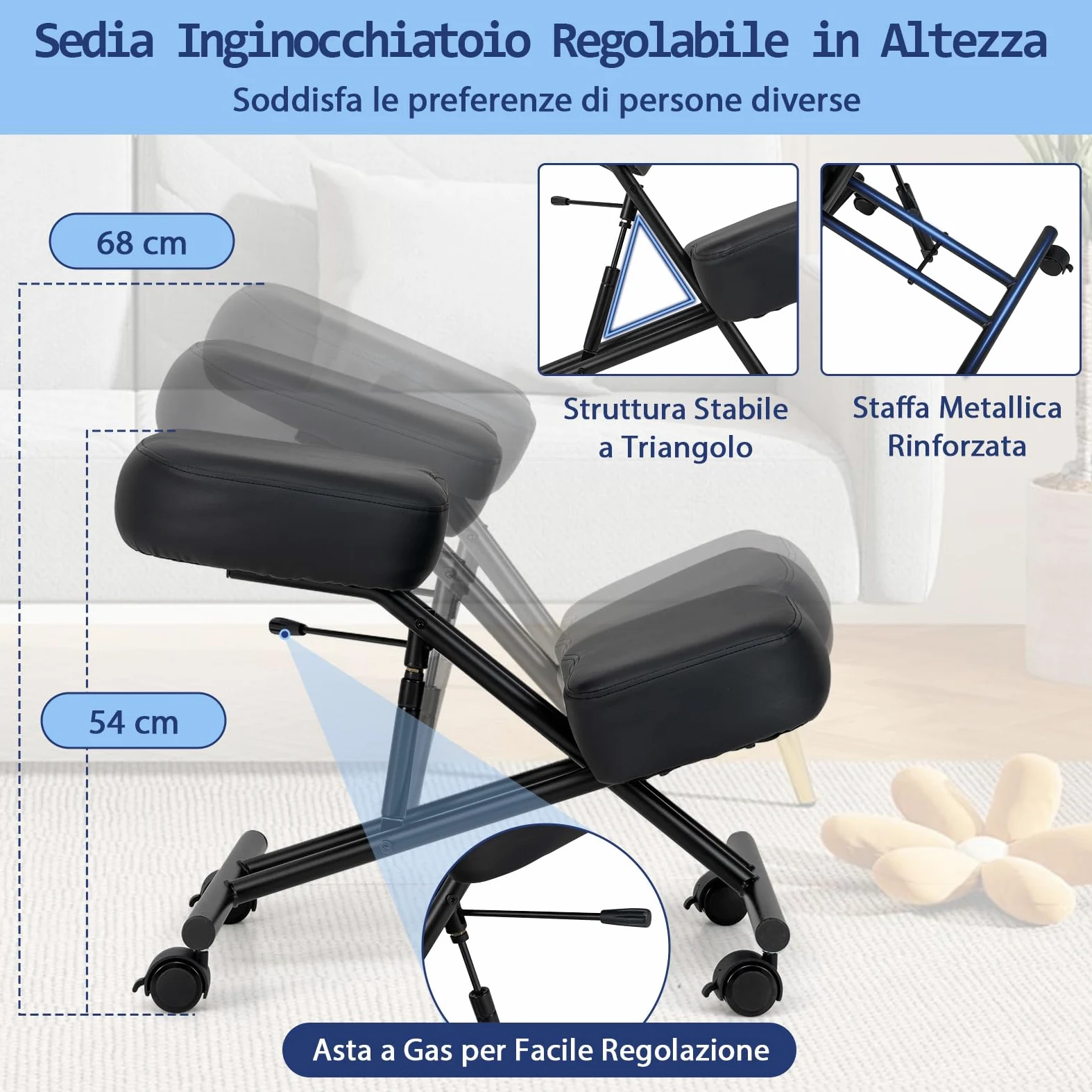 RELAX4LIFE Sedia a Ginocchio, Sedia Ergonomica a Ginocchio Regolabile in Altezza, Sgabello Imbottito da Ufficio con Ruote Universali Bloccabili, Ufficio, Home Office (72 x 46 x 68 cm)