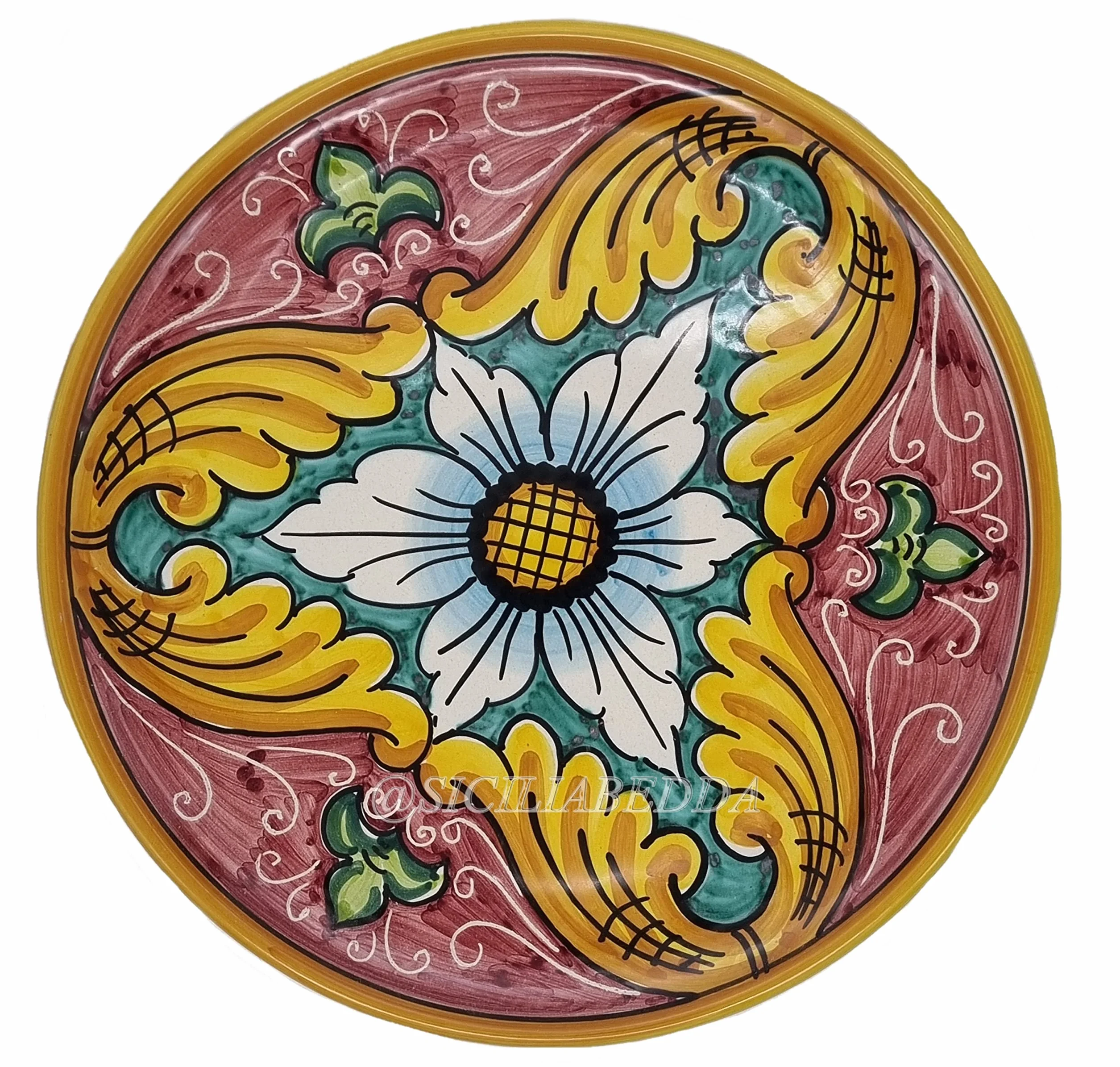 Piatto in Ceramica di Caltagirone Decorazioni Artistiche Dipinto a Mano Maioliche Bordeaux Diametro 37