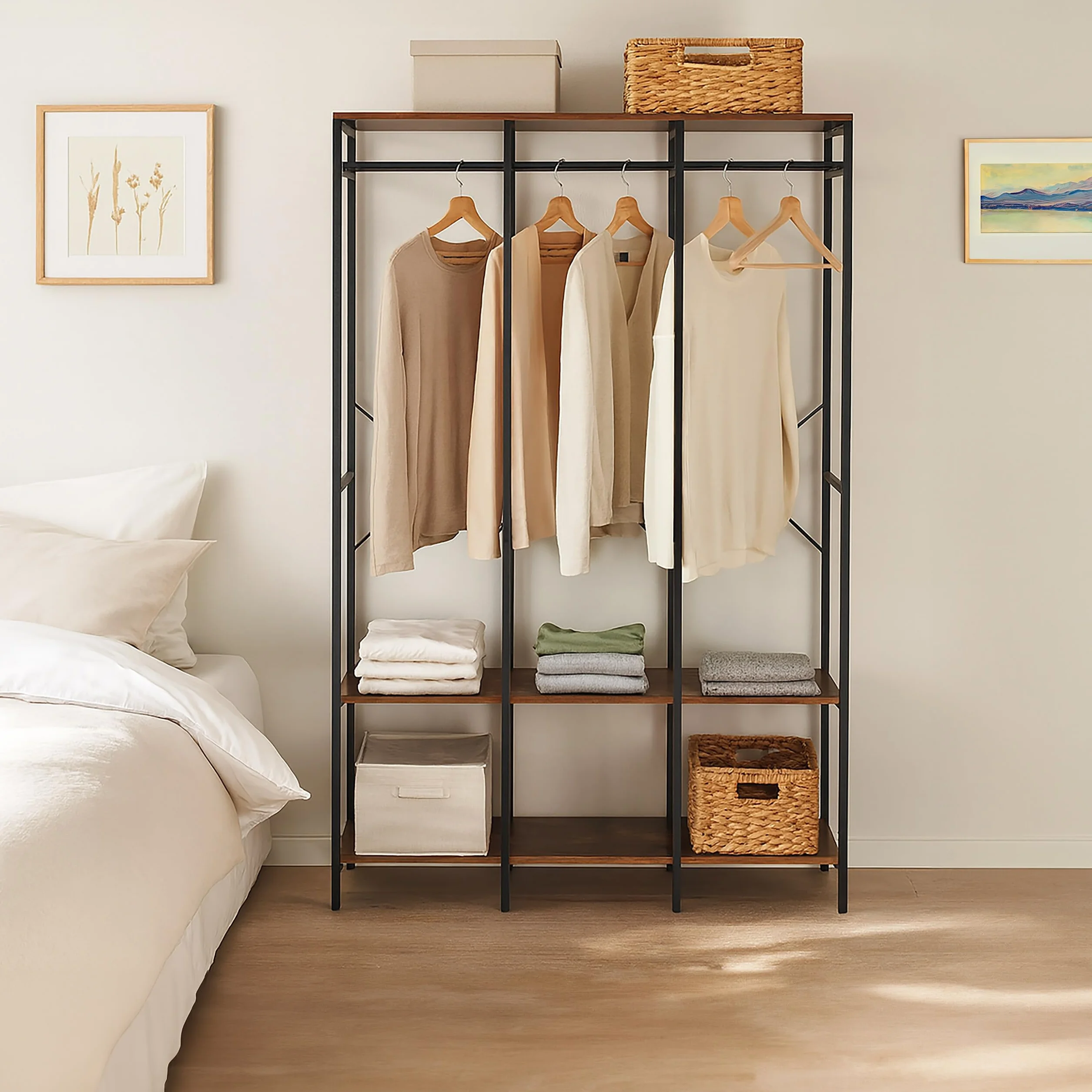 Relaxdays Armadio Aperto Appendiabiti, Guardaroba con Ripiani, Ganci e Barra, 180x141x40 cm, MDF e Ferro, Nero Marrone