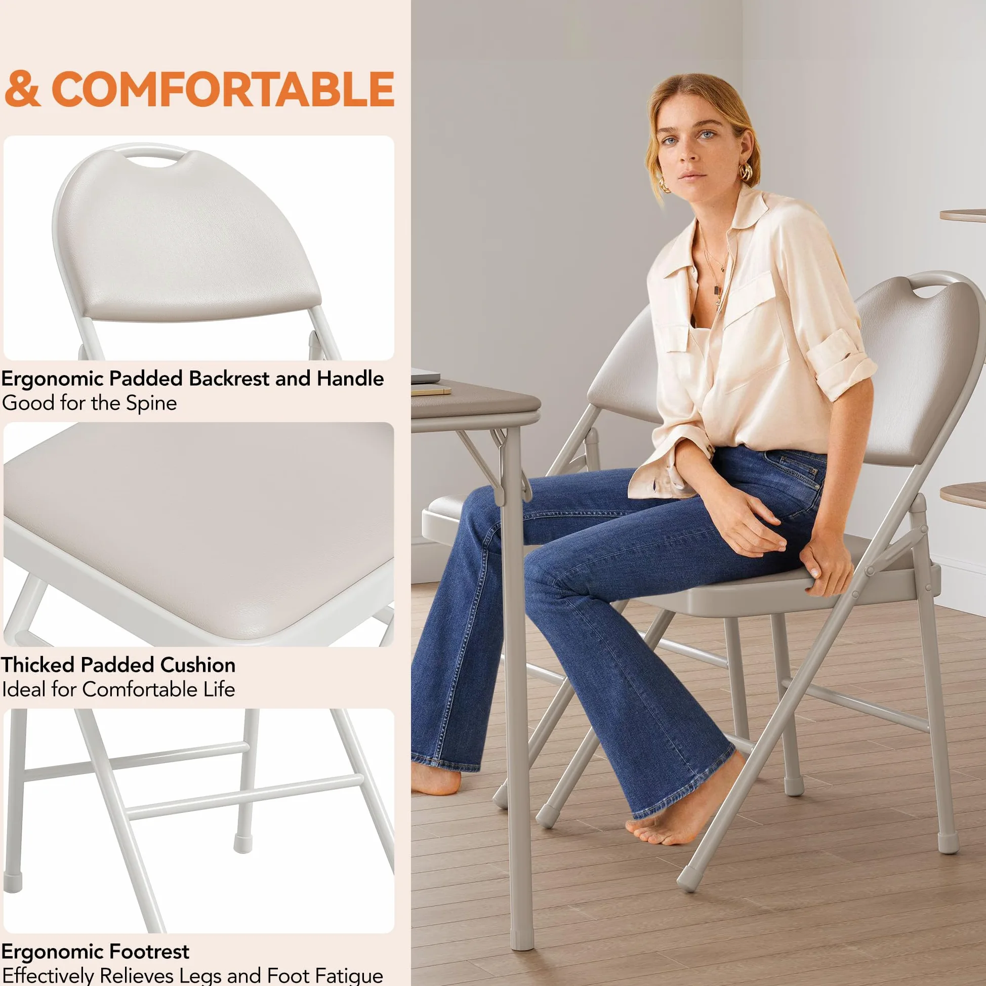 Sedie pieghevoli imbottite per sala da pranzo - struttura in metallo robusto - seduta in similpelle PU facile da pulire - schienale ergonomico - ideali per cucina, ufficio, eventi - Beige, 4