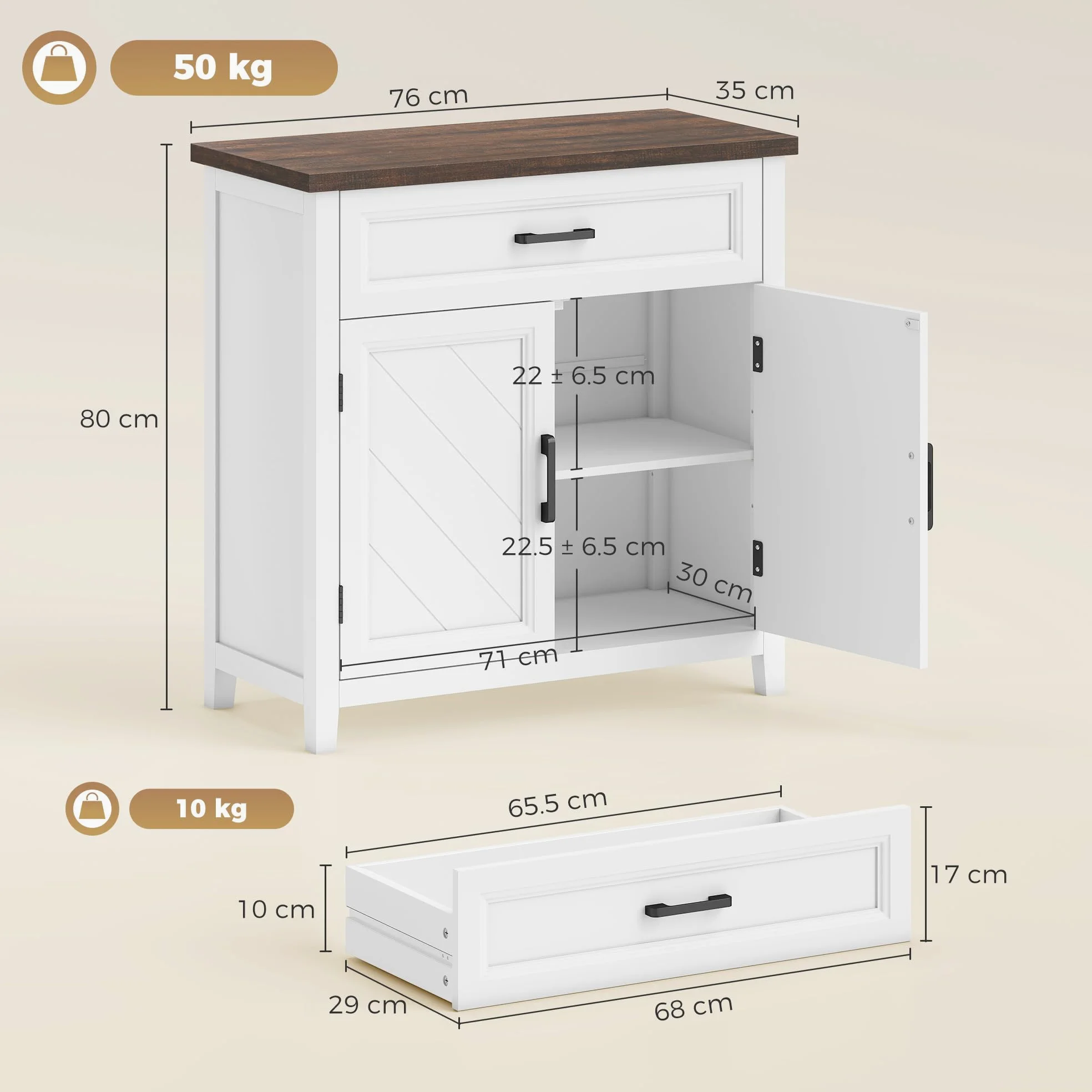 HOMCOM Credenza Cucina, Mobile Cucina con 2 Ante, Ripiano Regolabile e Cassetto, Piano Effetto Legno, Stile Rustico, Credenza Buffet per Soggiorno, Salotto, Sala da Pranzo, 76x35x80 cm, Bianco