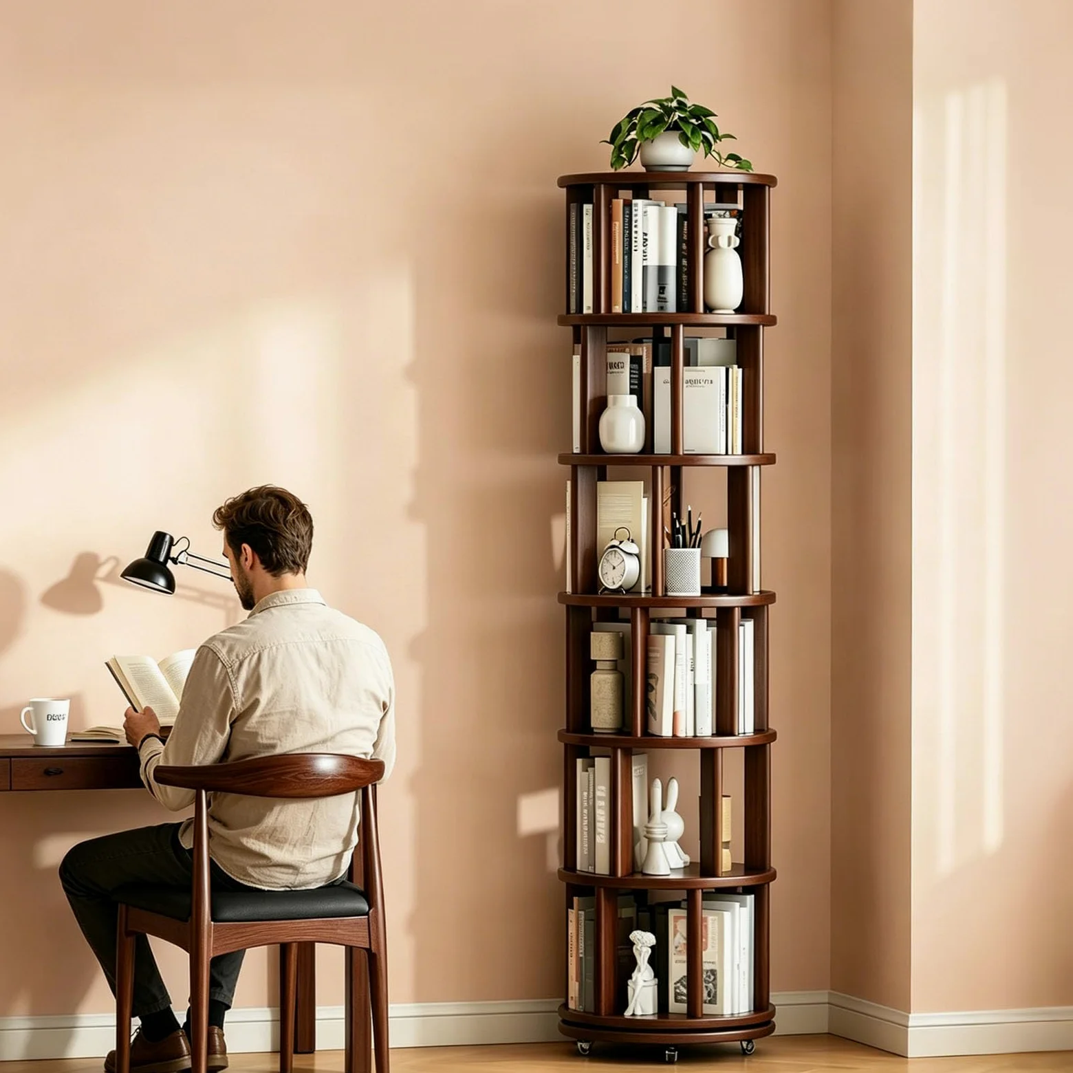 Libreria Rotante a 360° in Legno Massello, Scaffale Girevole a 6 Ripiani con Ruote, Salvaspazio per Salotto, Studio, Camera da Letto e Ufficio, Design Moderno