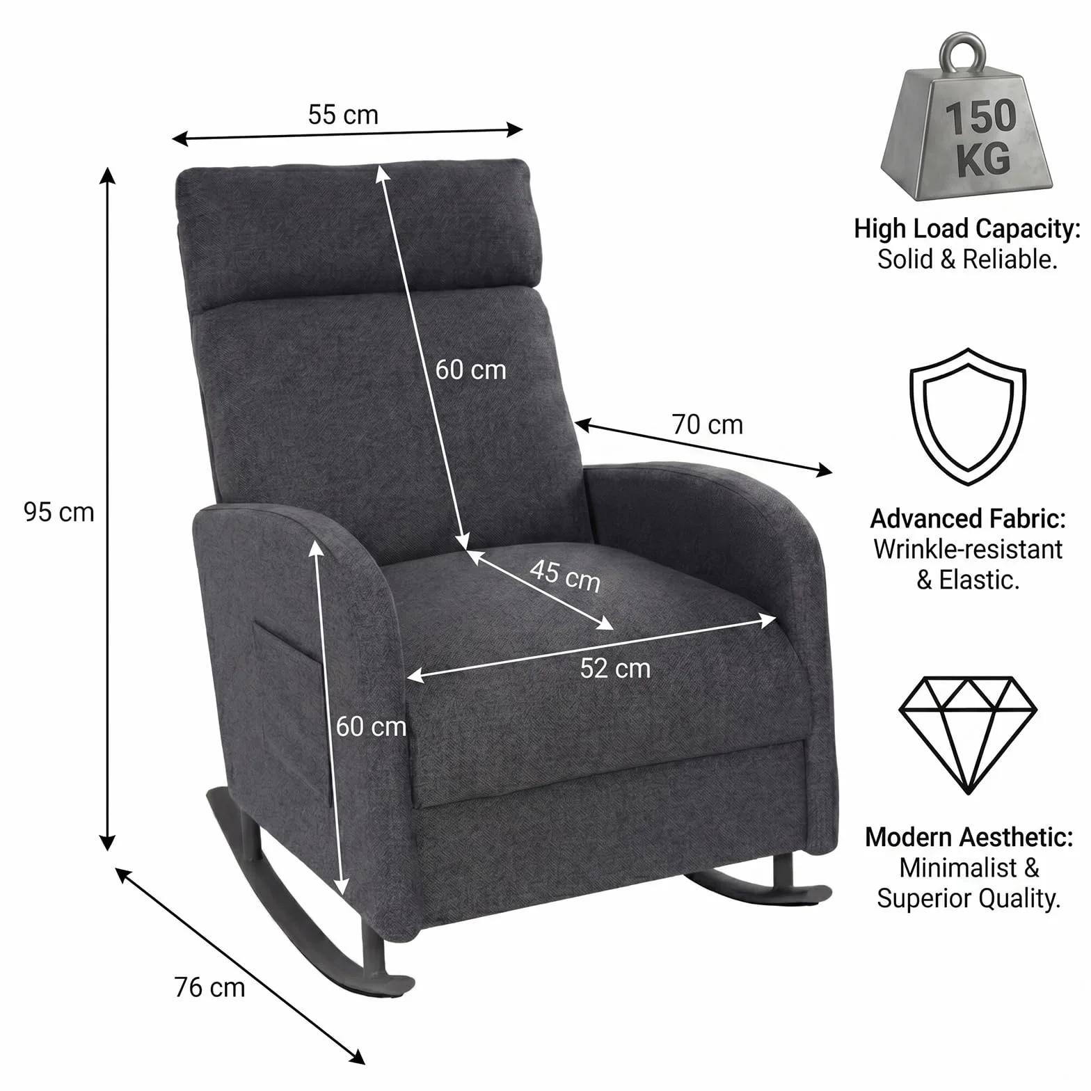 JIEXI Poltrona a dondolo, moderna sedia lounge imbottita e confortevole, poltrona in tessuto con schienale alto e tasche laterali, capacità 150 kg, poltrona accento grigia per soggiorno, camera da