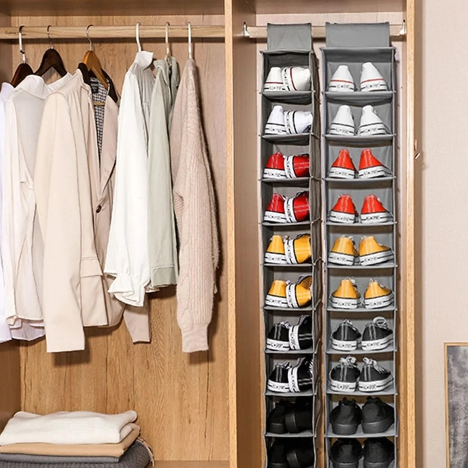 Mensola Sospesa Hanging Closet Organizer, 10 Shelves Hanging Shoe Organizer for Closet Breathable Poly Canvas for Shoes Per Cappello, Calze(With cover)