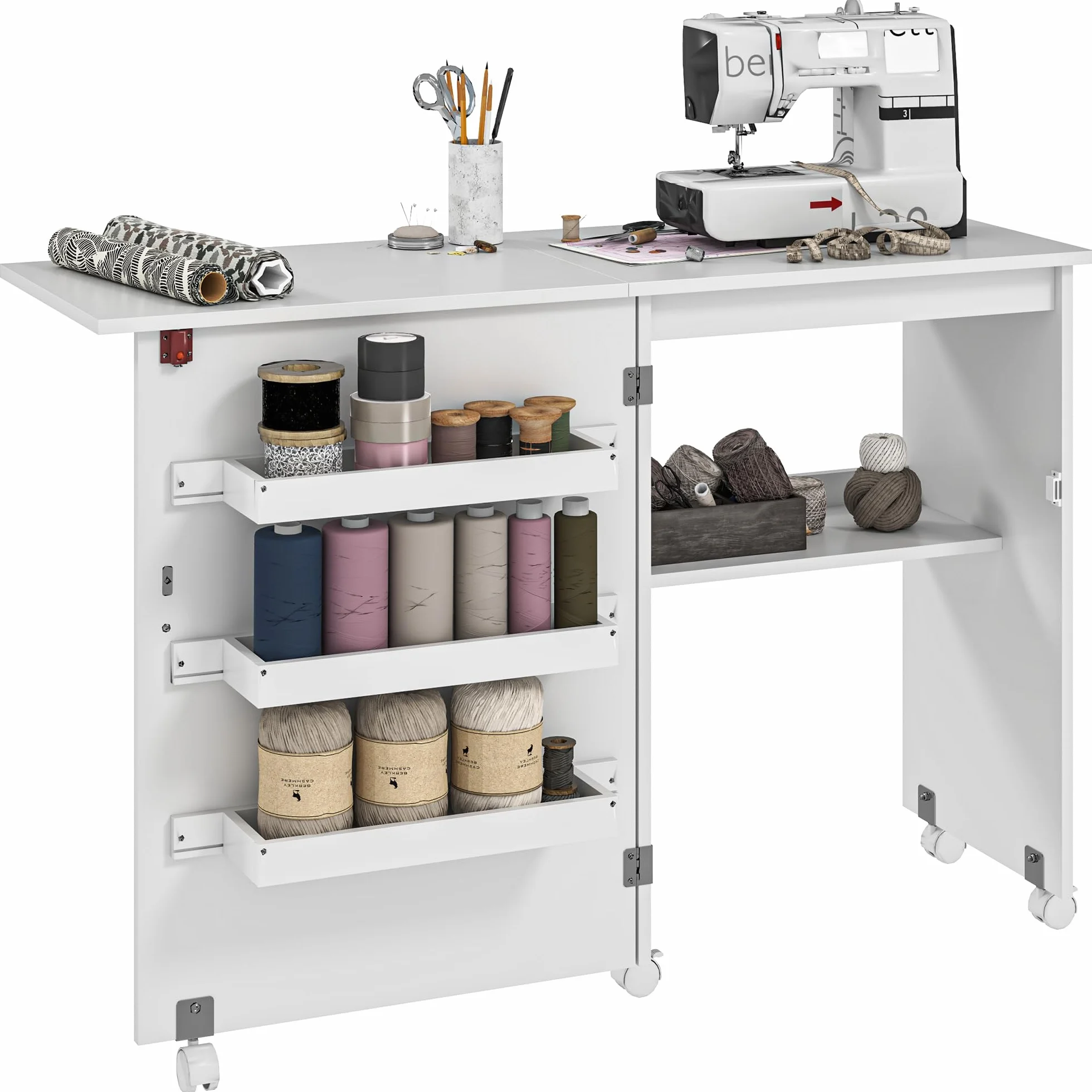 HOMCOM Tavolo da cucito pieghevole Armadio da cucito pieghevole con scomparti, ripiano aperto e rotelle, mobile per macchine da cucire, per soggiorno, ufficio, studio, dim. 118 x 40 x 79,5 cm, bianco