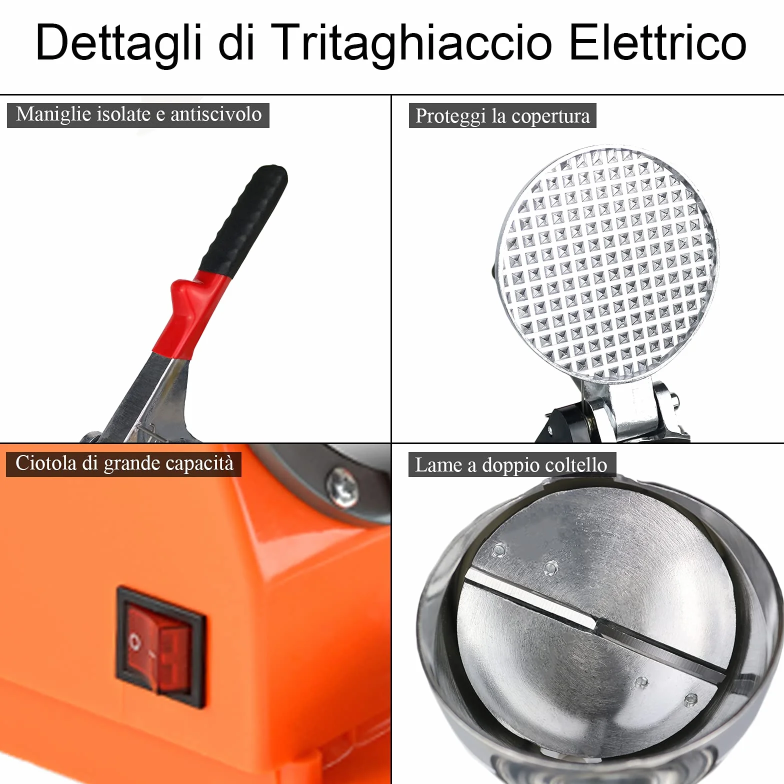 Tritaghiaccio Elettrico 300W,Tritaghiaccio a Doppia Lama,Tritaghiaccio Elettrico Professionale con Ciotola in Acciaio Inossidabile,Acciaio Inossidabile,per Bar e Ristoranti(Arancia)
