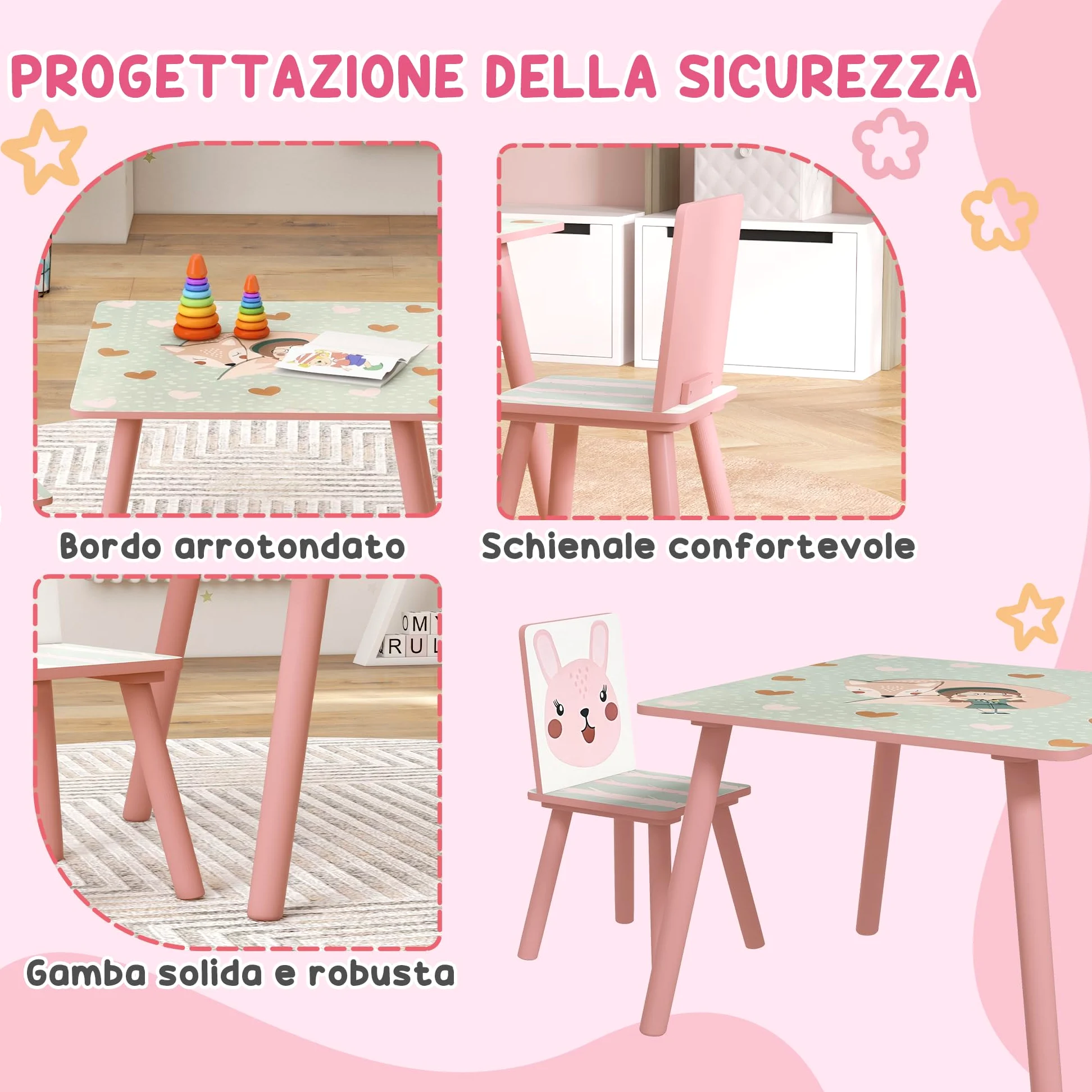 ZONEKIZ Set 3 Pezzi con Tavolo e 2 Sedie per Bambini da 3-8 Anni in MDF e Legno di Pino, Tavolino per Bambini e Seggiole con Disegni di Animali, Rosa