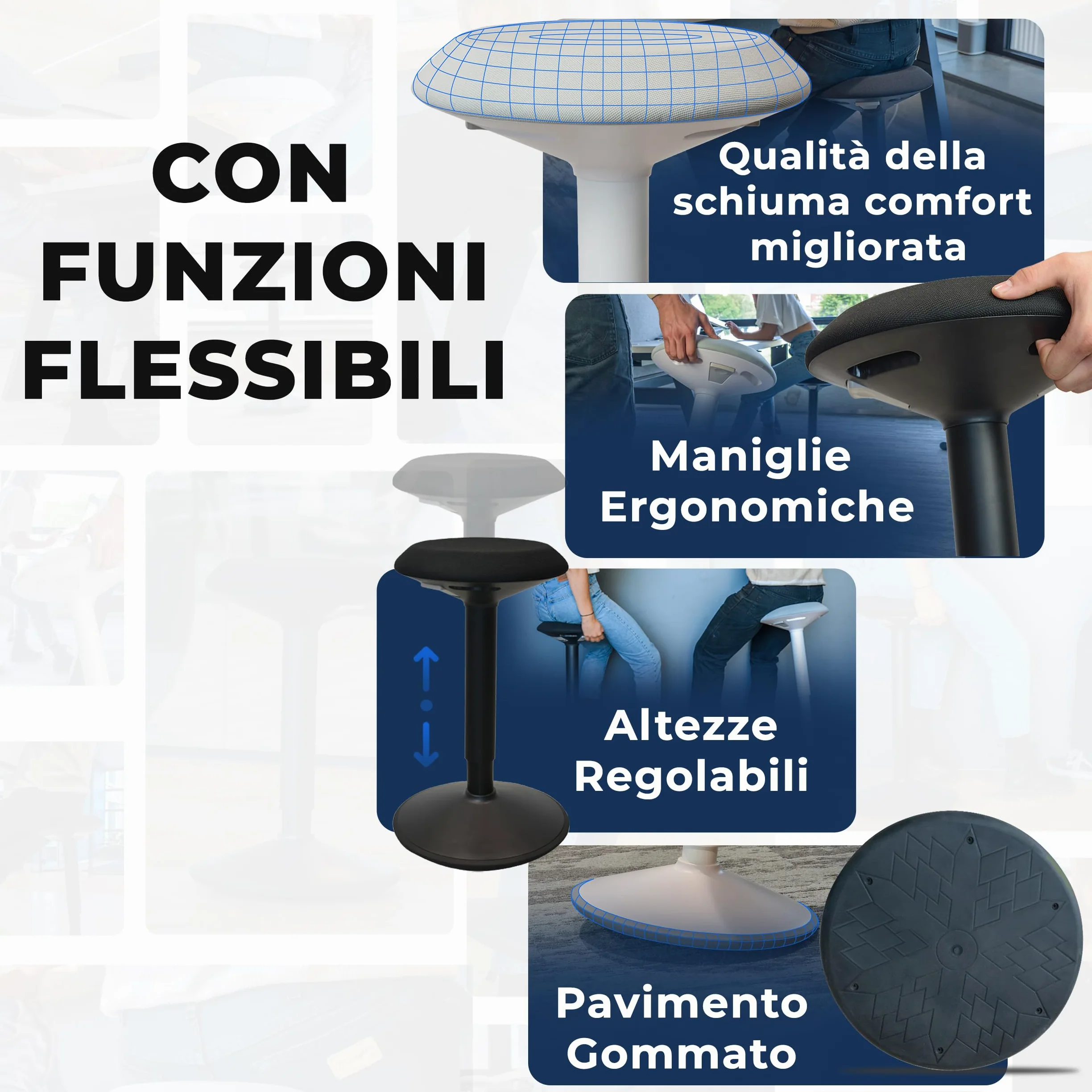 Backerz Sgabello Ergonomico - Sgabello Girevole da 55 a 80 cm con effetto dondolo - Sedia da Ufficio per Casa, Ufficio, Studio - Cuscino a Schiuma, Esterno in Lino Impermeabile - Bianco Opaco